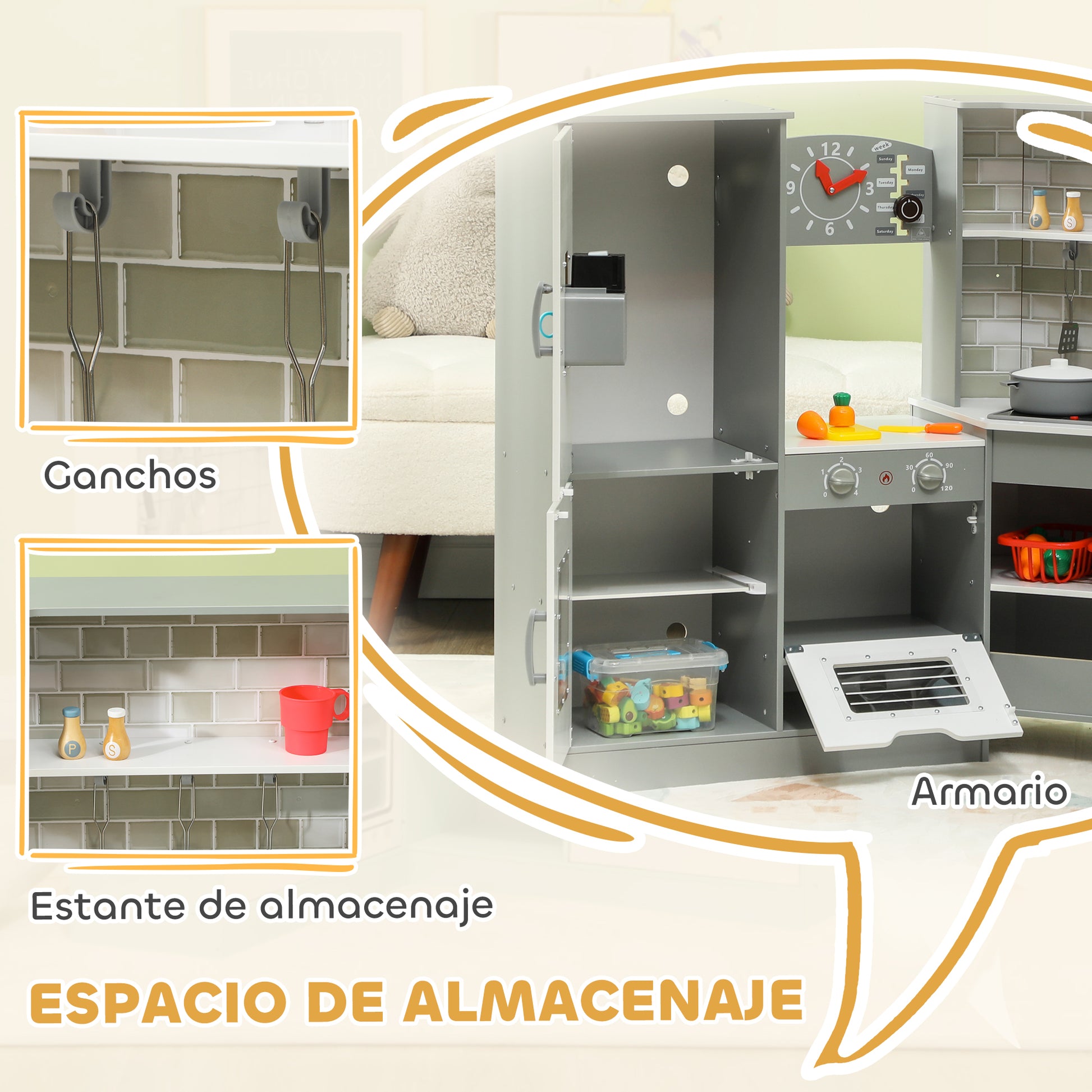 Kids Wooden Toy Kitchen +3 Years Old Children's Corner Kitchen with Sound Stove Oven Faucet Sink Microwave Washer Ice Maker and Accessories Gray