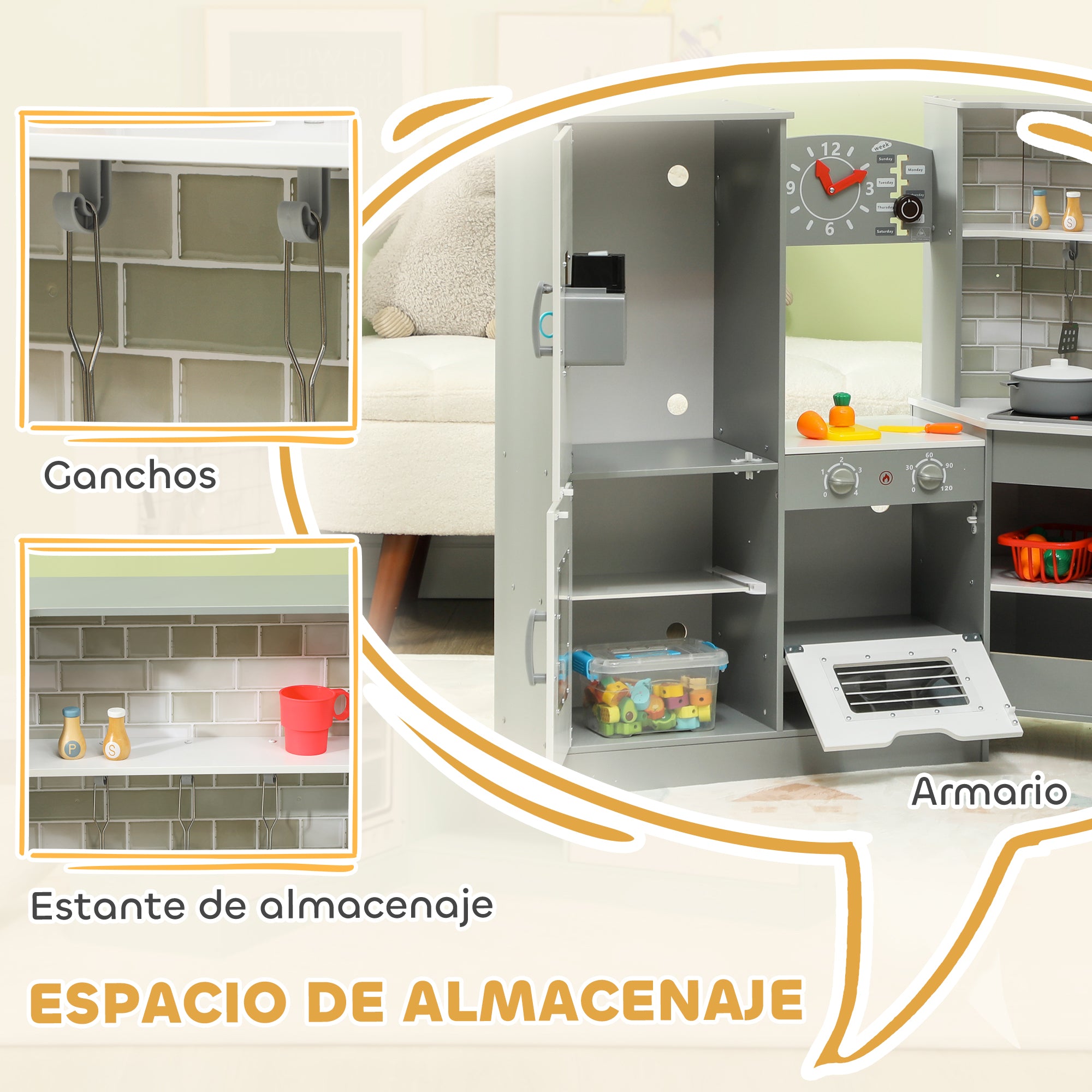 Kids Wooden Toy Kitchen +3 Years Old Children's Corner Kitchen with Sound Stove Oven Faucet Sink Microwave Washer Ice Maker and Accessories Gray
