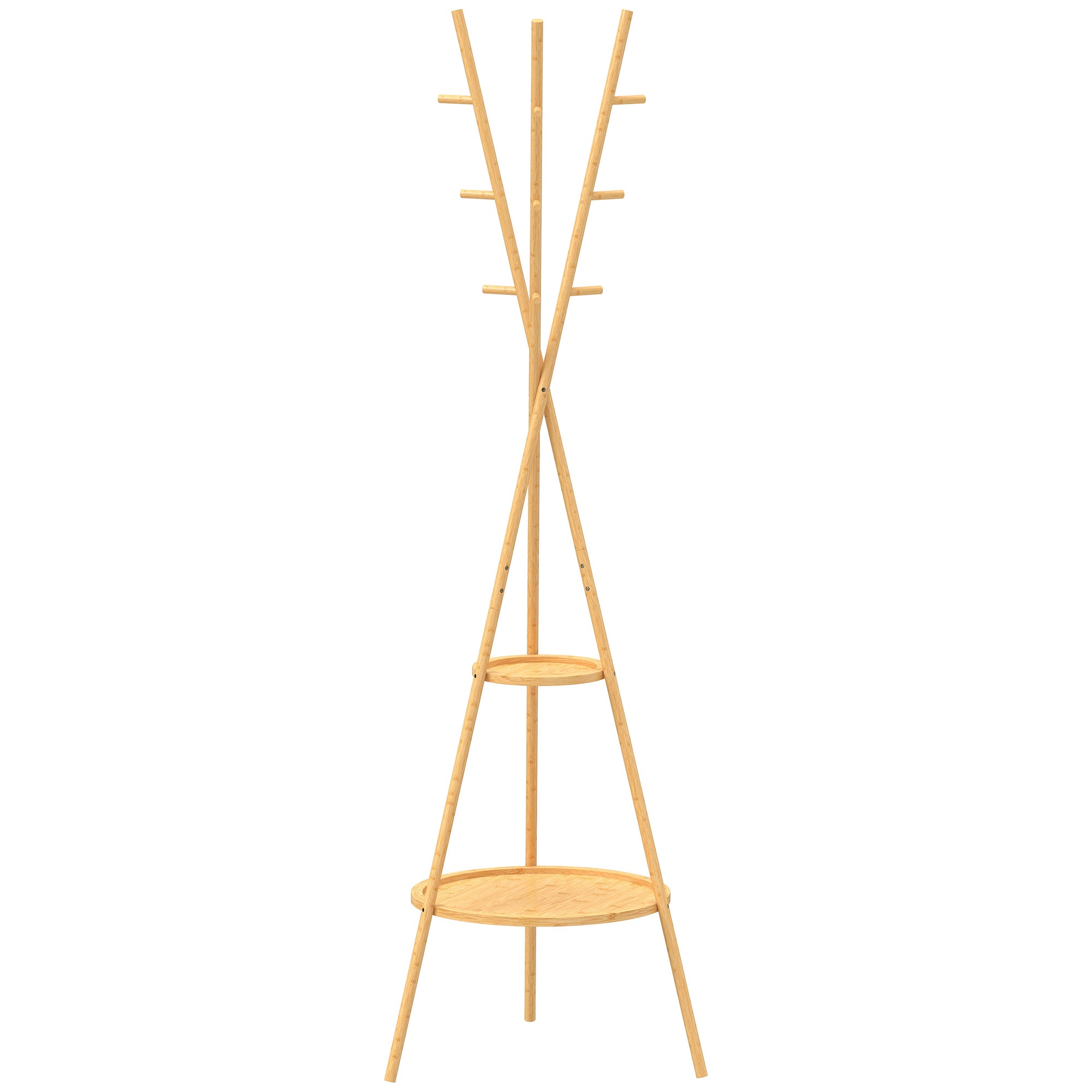 Modern Freestanding Coat Rack with 2 Shelves & 9 Hooks, Natural Bamboo