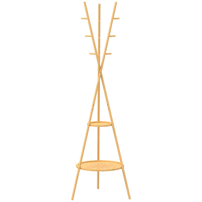 Modern Freestanding Coat Rack with 2 Shelves & 9 Hooks, Natural Bamboo