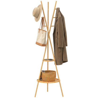 Modern Freestanding Coat Rack with 2 Shelves & 9 Hooks, Natural Bamboo