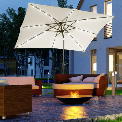 Garden Umbrella 268x205x248 cm Outdoor Terrace Umbrella with Roof Tiltable up to 45° Solar LED Lights Steel Pole and Crank Parasol for Patio Terrace Cream White