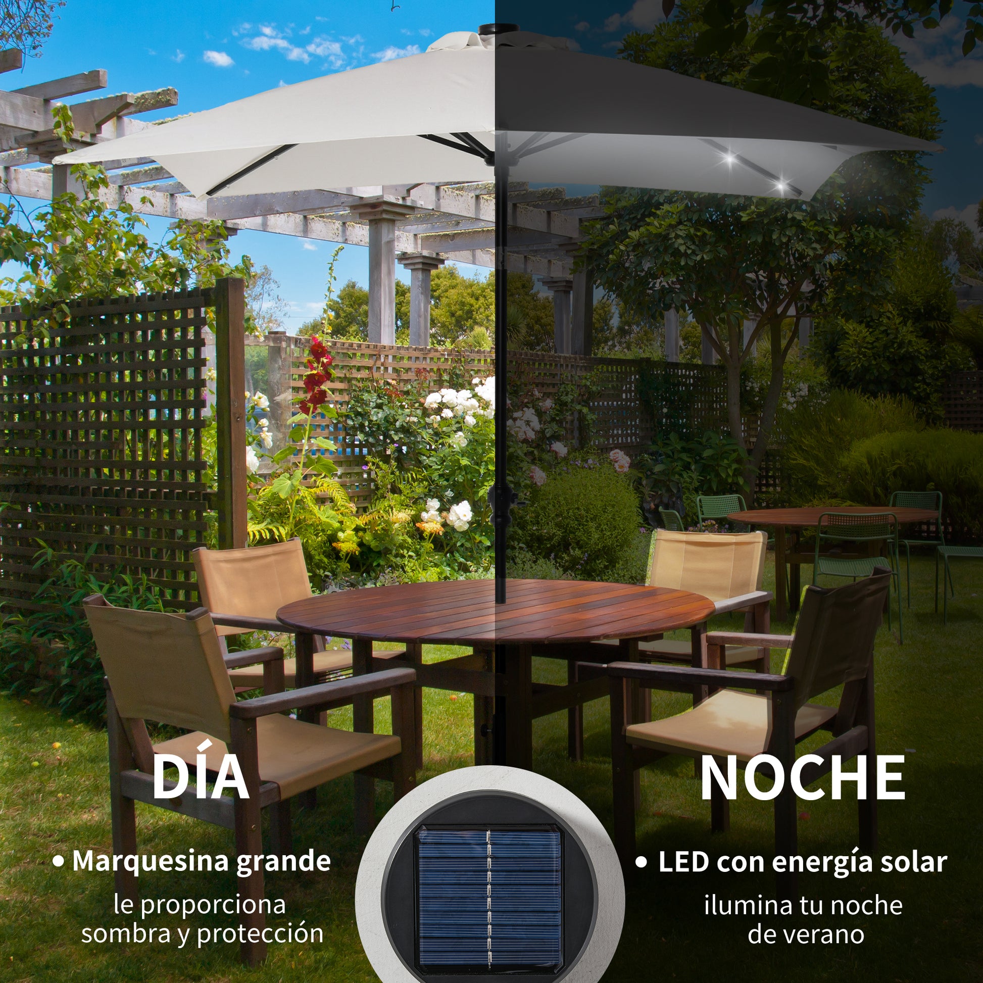 Garden Umbrella 268x205x248 cm Outdoor Terrace Umbrella with Roof Tiltable up to 45° Solar LED Lights Steel Pole and Crank Parasol for Patio Terrace Cream White