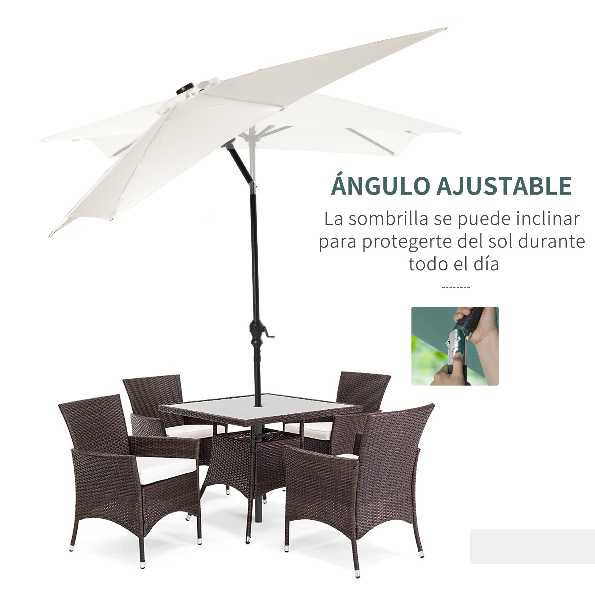 Garden Umbrella 268x205x248 cm Outdoor Terrace Umbrella with Roof Tiltable up to 45° Solar LED Lights Steel Pole and Crank Parasol for Patio Terrace Cream White