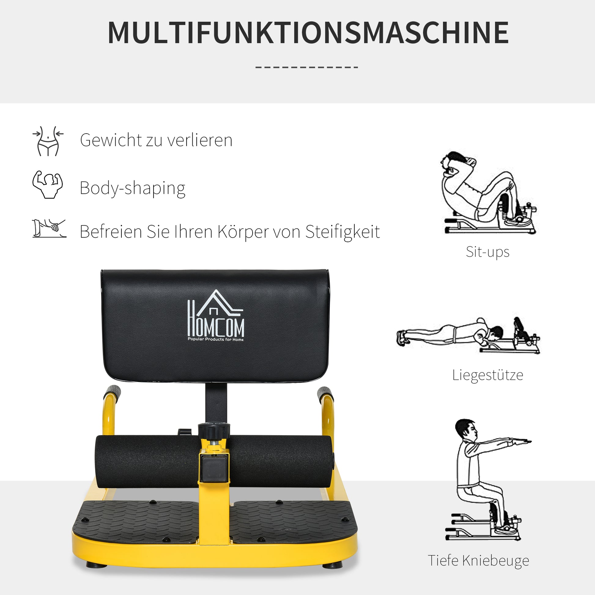 Sissy Squat Leg Trainer Abdominal Glute Trainer 3 in 1 Trainer Adjustable up to 264 lbs Steel Yellow+Black 50 x 97 x (44.5–56.5) cm