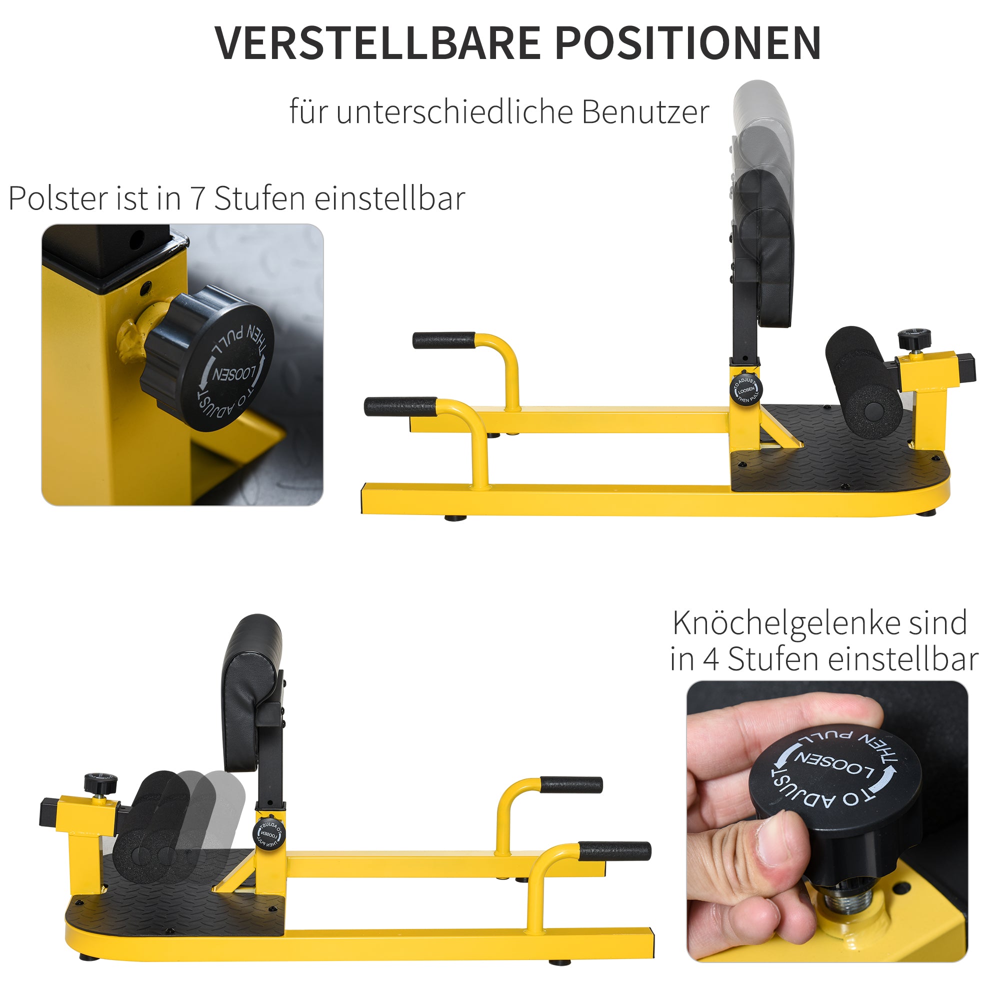 Sissy Squat Leg Trainer Abdominal Glute Trainer 3 in 1 Trainer Adjustable up to 264 lbs Steel Yellow+Black 50 x 97 x (44.5–56.5) cm