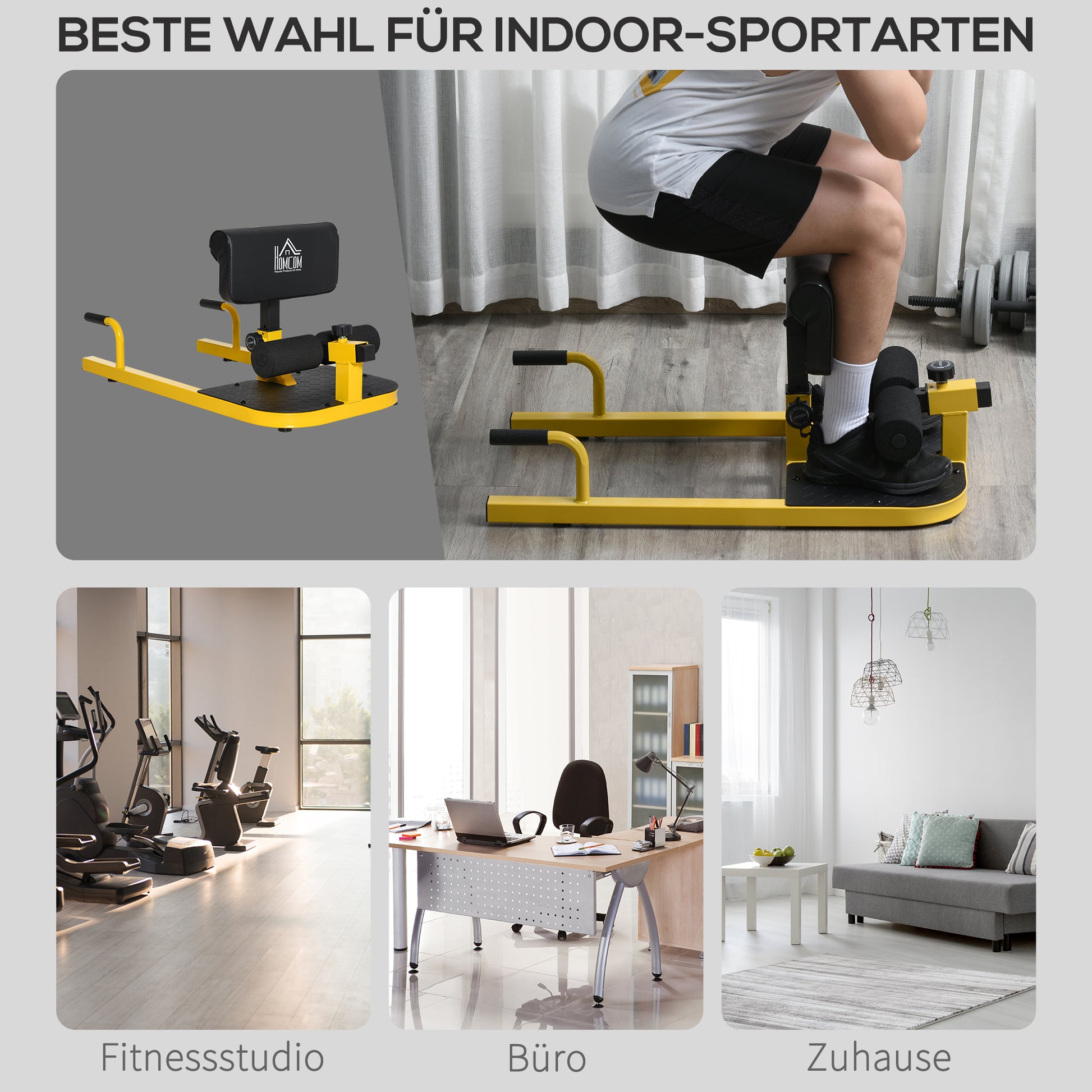 Sissy Squat Leg Trainer Abdominal Glute Trainer 3 in 1 Trainer Adjustable up to 264 lbs Steel Yellow+Black 50 x 97 x (44.5–56.5) cm