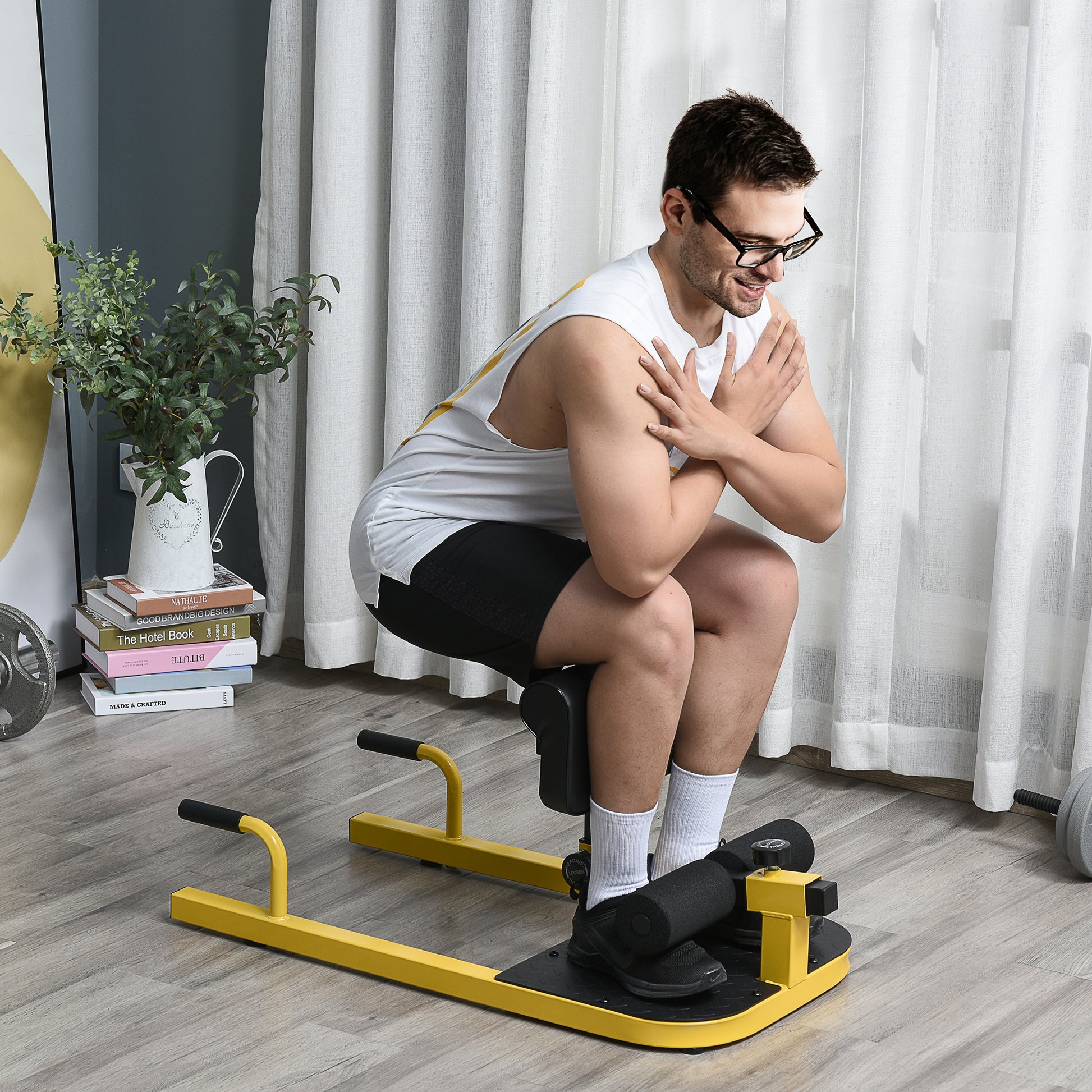 Sissy Squat Leg Trainer Abdominal Glute Trainer 3 in 1 Trainer Adjustable up to 264 lbs Steel Yellow+Black 50 x 97 x (44.5–56.5) cm
