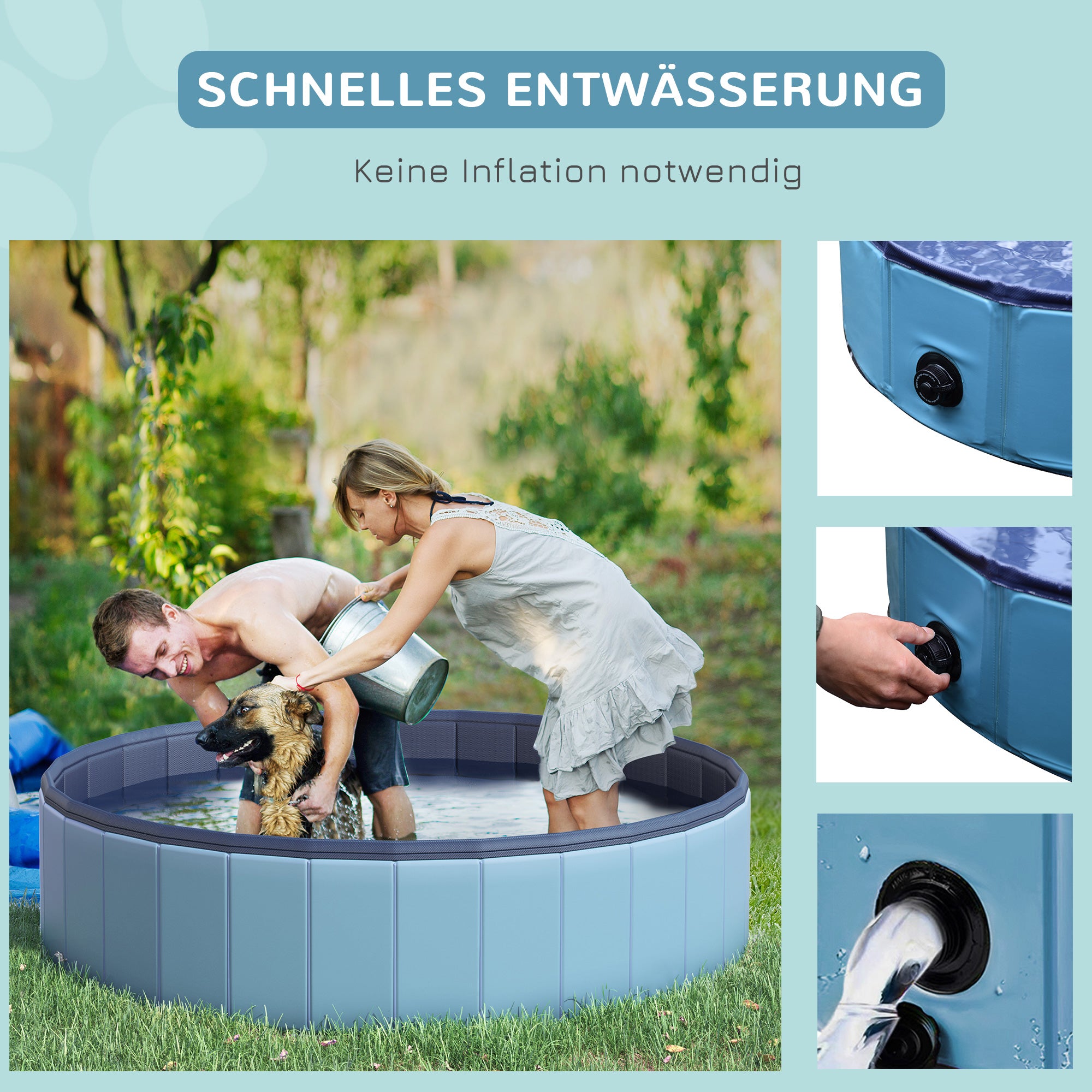 Dog Bath tub foldable Bathtub Dog Pool Splash pool Swimming pool Water basin for Dogs and Cats Swimming pool Plastic+Wood Blue Ø140 x H30 cm