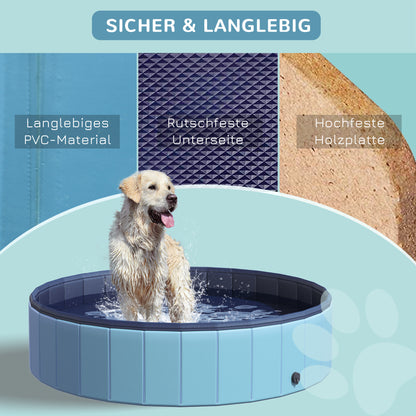 Dog Bath tub foldable Bathtub Dog Pool Splash pool Swimming pool Water basin for Dogs and Cats Swimming pool Plastic+Wood Blue Ø140 x H30 cm