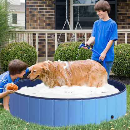 Dog Bath tub foldable Bathtub Dog Pool Splash pool Swimming pool Water basin for Dogs and Cats Swimming pool Plastic+Wood Blue Ø140 x H30 cm