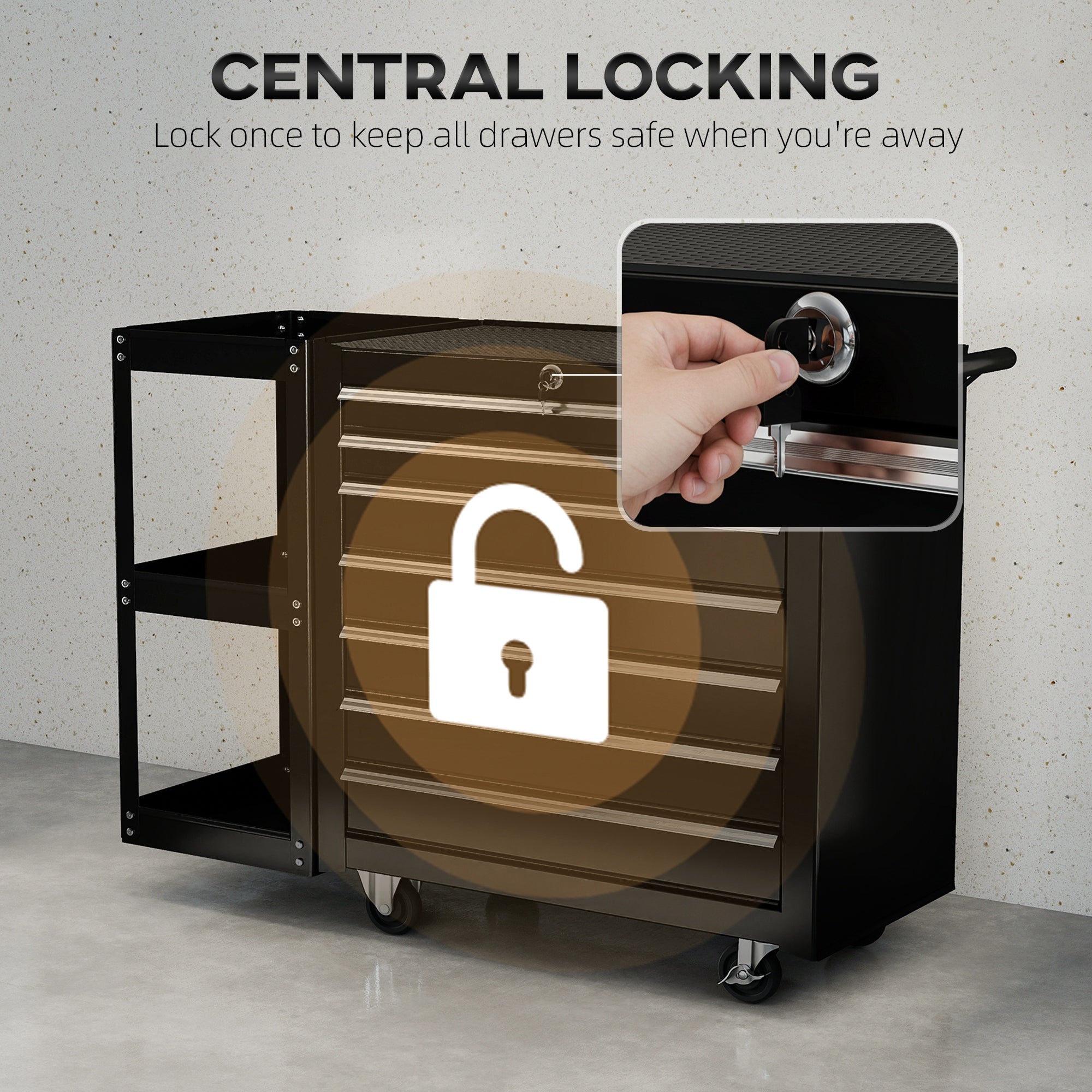 Tool Cart with 7 Drawers, Workshop Trolley with Removable 3-Tier Shelf, Central Lock, Handle, 2 Locking Casters, Black