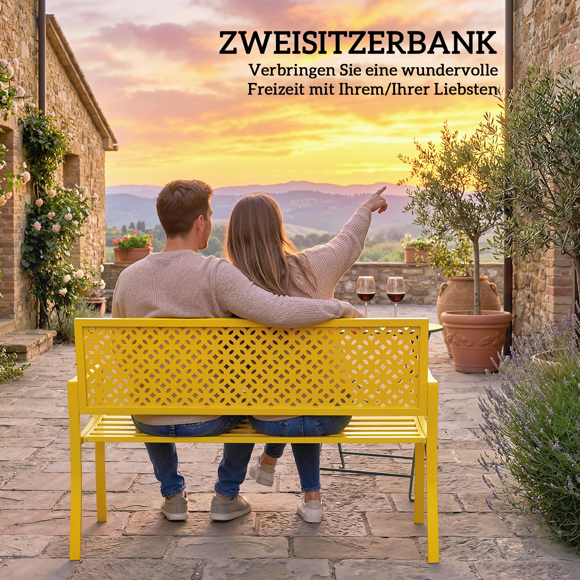 2-Seater Metal Garden Bench — Weatherproof Outdoor Seat with Rust-Resistant Slatted Back, Geometric Design, 127 x 61 x 85 cm (50 x 24 x 33.5 in), Yellow