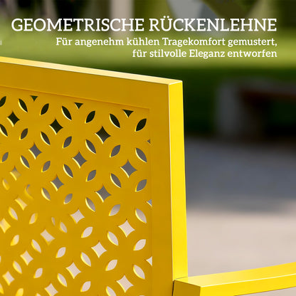 2-Seater Metal Garden Bench — Weatherproof Outdoor Seat with Rust-Resistant Slatted Back, Geometric Design, 127 x 61 x 85 cm (50 x 24 x 33.5 in), Yellow