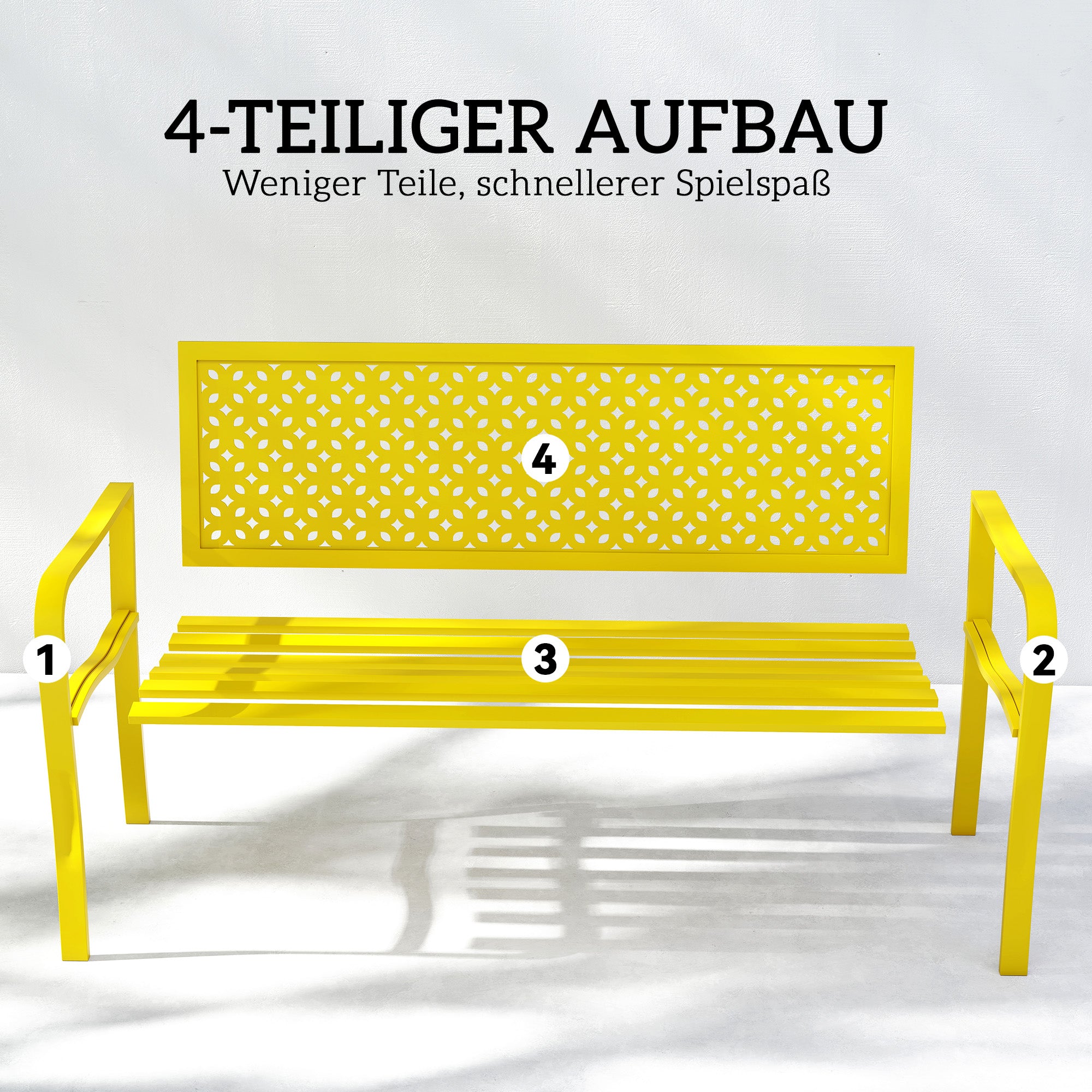 2-Seater Metal Garden Bench — Weatherproof Outdoor Seat with Rust-Resistant Slatted Back, Geometric Design, 127 x 61 x 85 cm (50 x 24 x 33.5 in), Yellow
