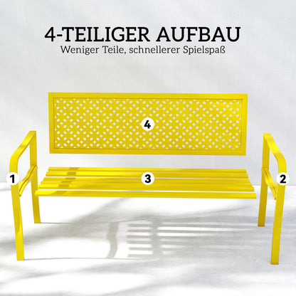 2-Seater Metal Garden Bench — Weatherproof Outdoor Seat with Rust-Resistant Slatted Back, Geometric Design, 127 x 61 x 85 cm (50 x 24 x 33.5 in), Yellow