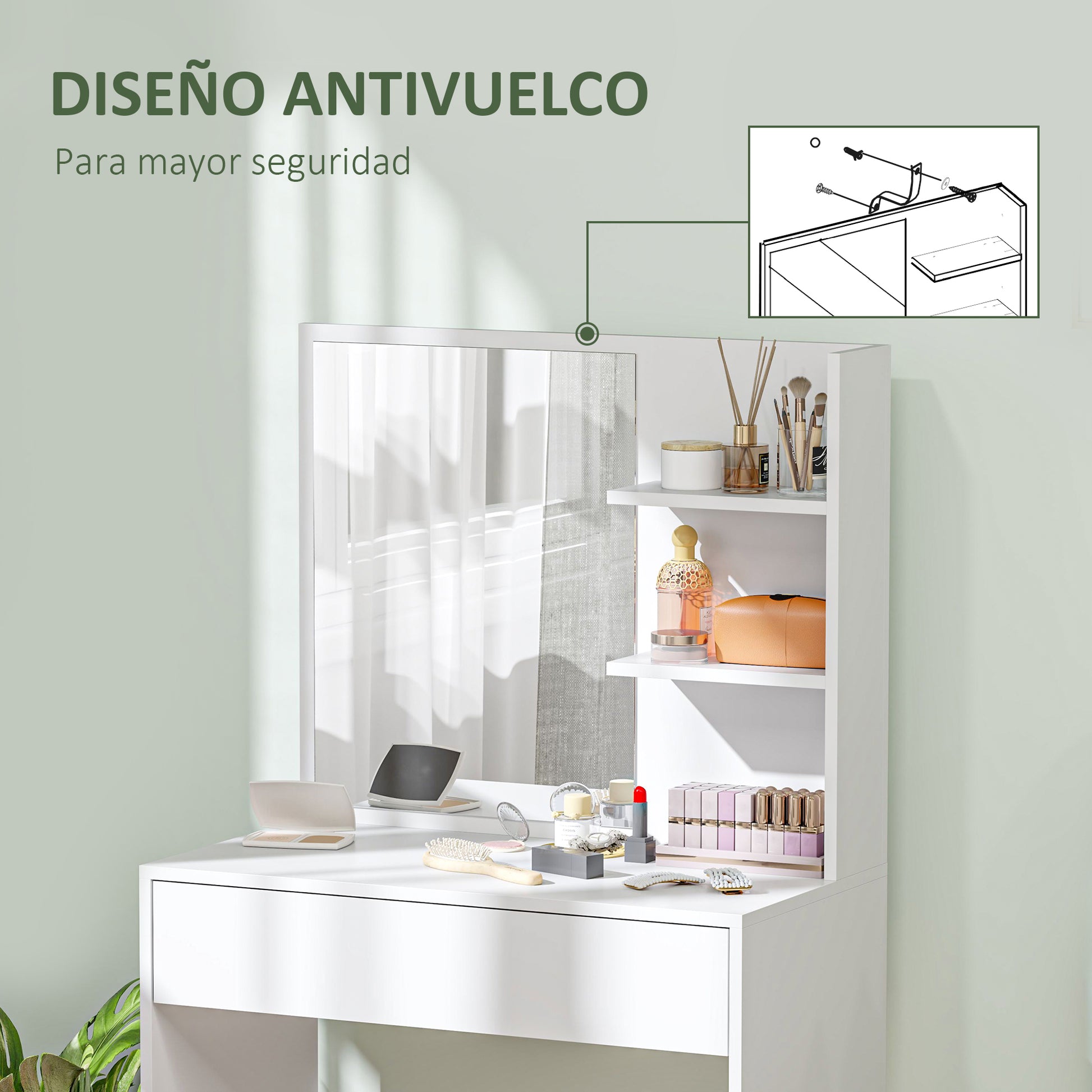 Makeup Vanity Table with Mirror Makeup Desk with Drawer and Open Shelves Vanity Set for Bedroom Living Room White