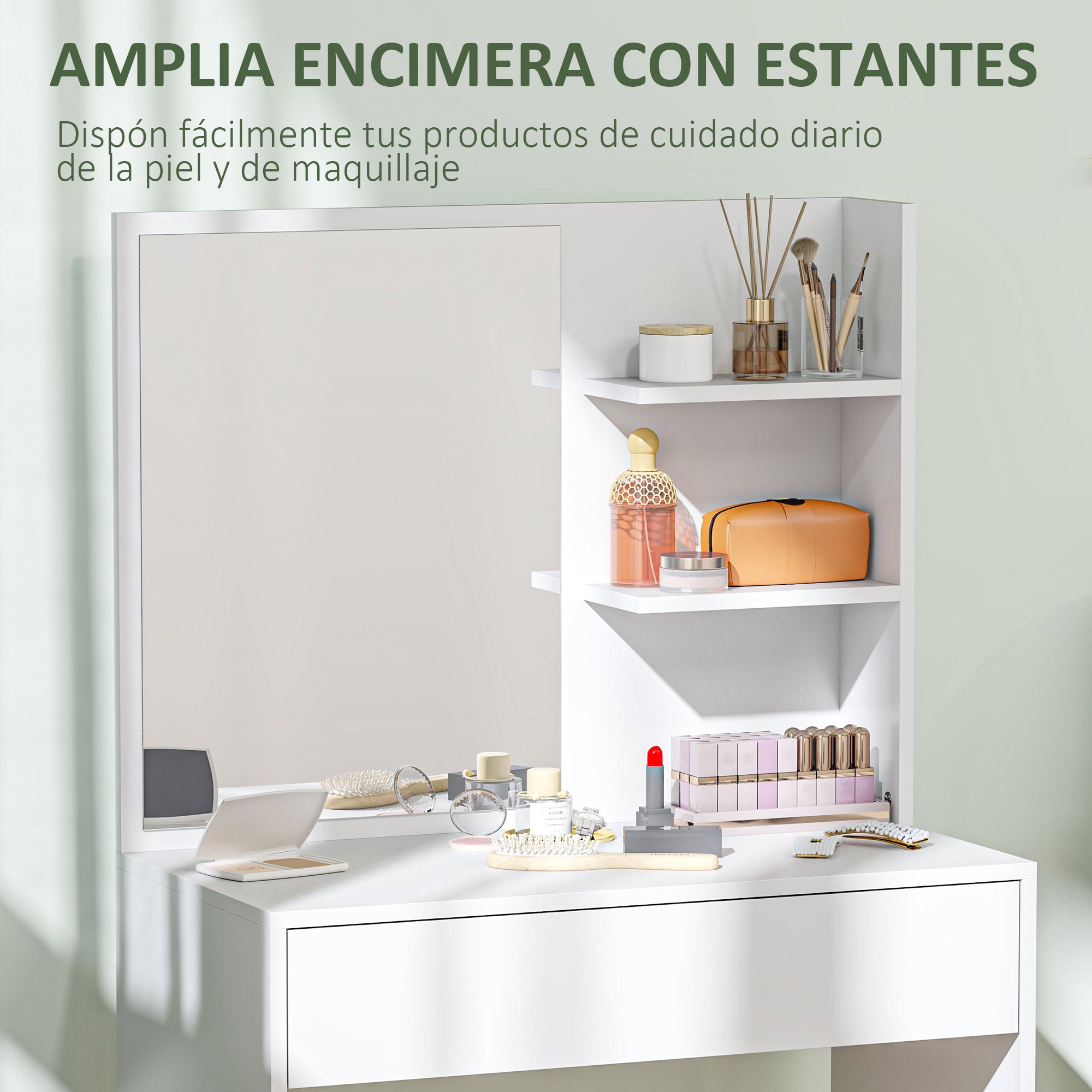 Makeup Vanity Table with Mirror Makeup Desk with Drawer and Open Shelves Vanity Set for Bedroom Living Room White