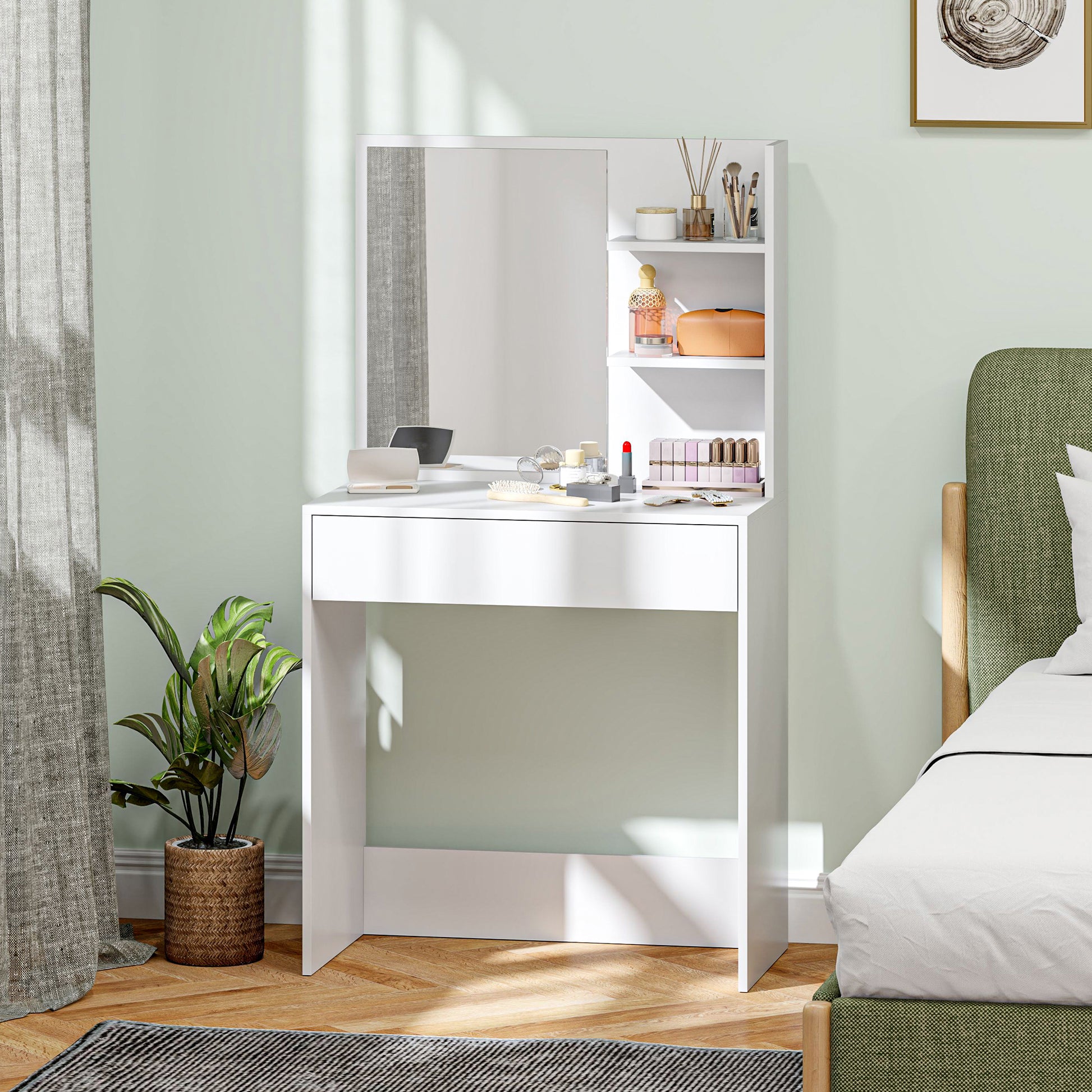 Makeup Vanity Table with Mirror Makeup Desk with Drawer and Open Shelves Vanity Set for Bedroom Living Room White