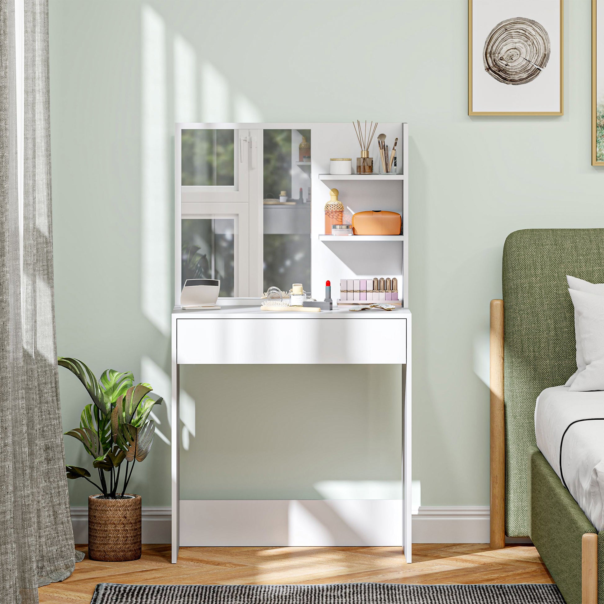 Makeup Vanity Table with Mirror Makeup Desk with Drawer and Open Shelves Vanity Set for Bedroom Living Room White