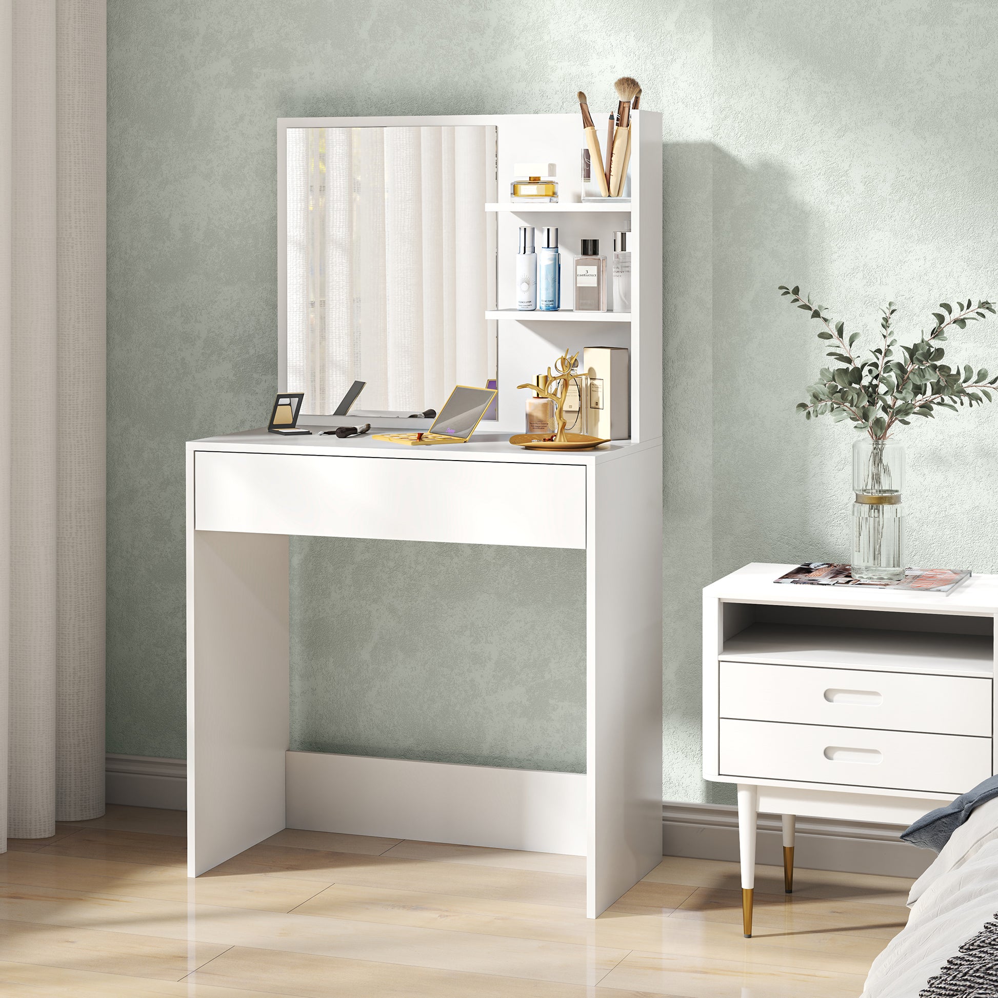Makeup Vanity Table with Mirror Makeup Desk with Drawer and Open Shelves Vanity Set for Bedroom Living Room White