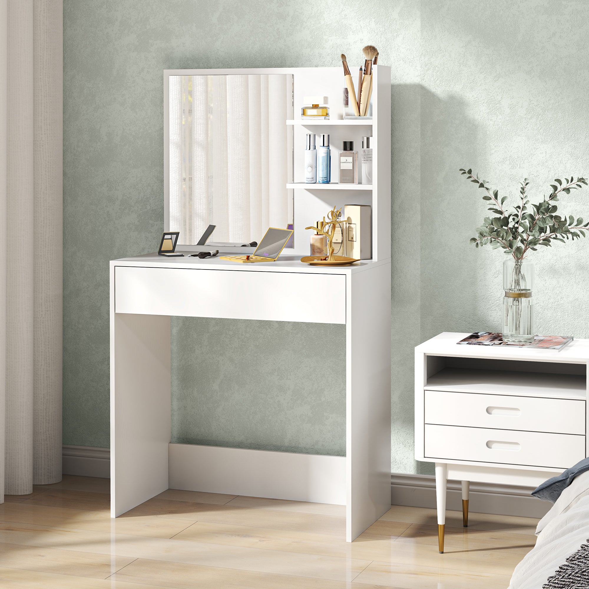 Makeup Vanity Table with Mirror Makeup Desk with Drawer and Open Shelves Vanity Set for Bedroom Living Room White