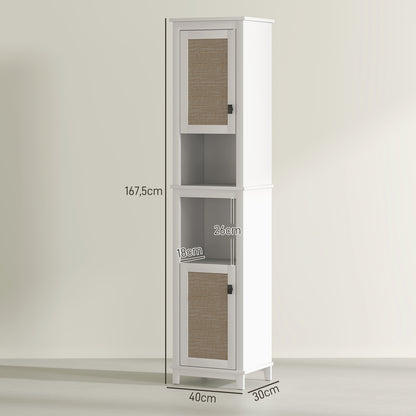 Bathroom Column with 2 Doors with Rattan Front Boho Bathroom Cabinet with Adjustable Shelves and 2 Compartments 40x30x167.5 cm White