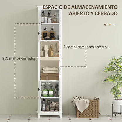 Bathroom Column with 2 Doors with Rattan Front Boho Bathroom Cabinet with Adjustable Shelves and 2 Compartments 40x30x167.5 cm White