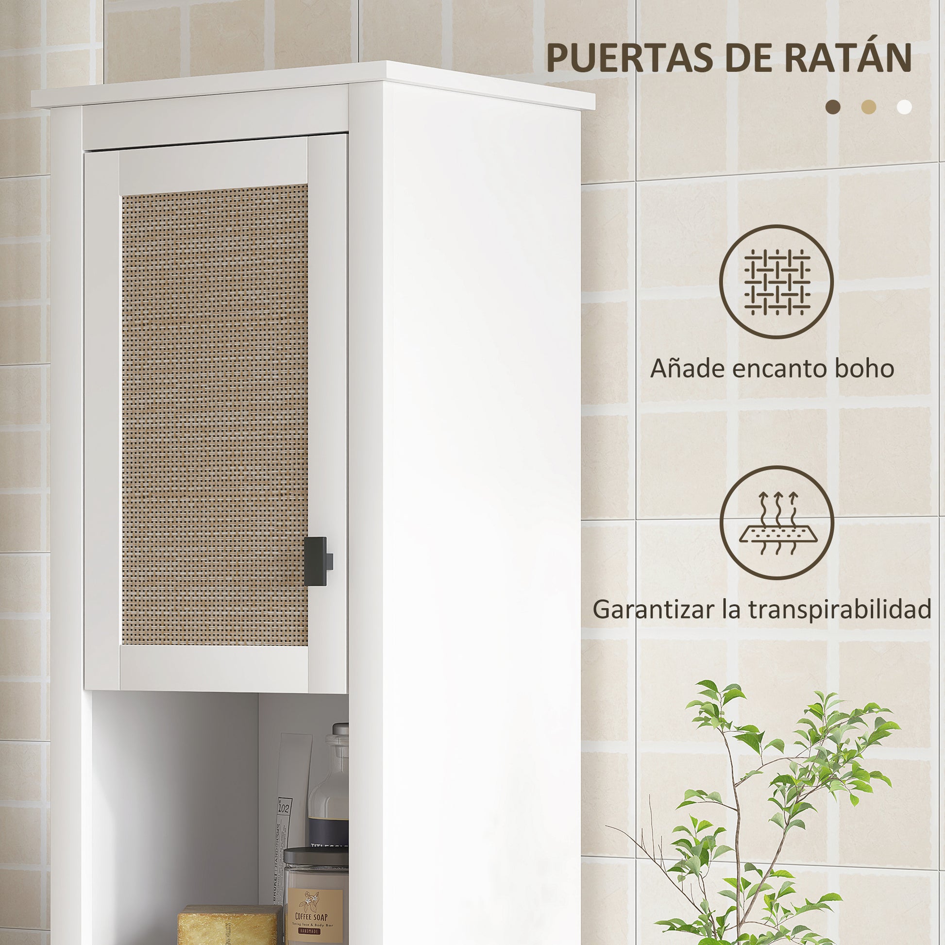 Bathroom Column with 2 Doors with Rattan Front Boho Bathroom Cabinet with Adjustable Shelves and 2 Compartments 40x30x167.5 cm White