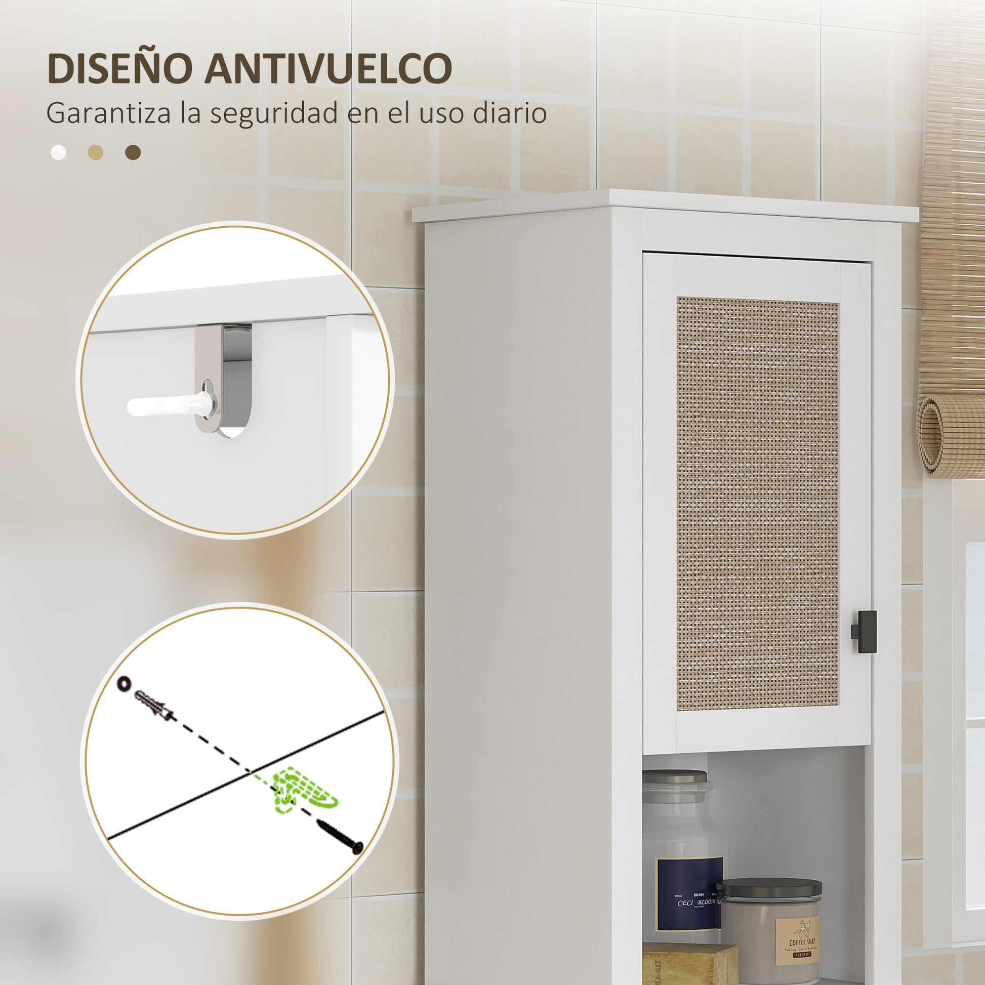Bathroom Column with 2 Doors with Rattan Front Boho Bathroom Cabinet with Adjustable Shelves and 2 Compartments 40x30x167.5 cm White