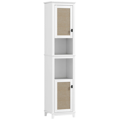 Bathroom Column with 2 Doors with Rattan Front Boho Bathroom Cabinet with Adjustable Shelves and 2 Compartments 40x30x167.5 cm White