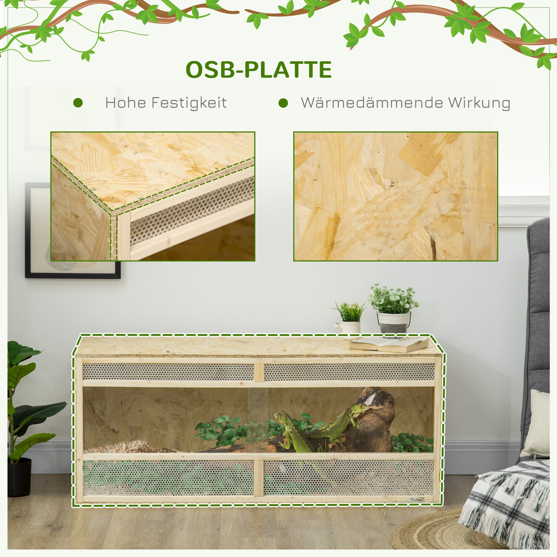 Terrarium for Reptiles, Reptile Feeding Box with Ventilation Grid, Sliding Glass Doors, Reptile Breeding Box for Amphibians, Spider, Natural, 120 x 50 x 50 cm