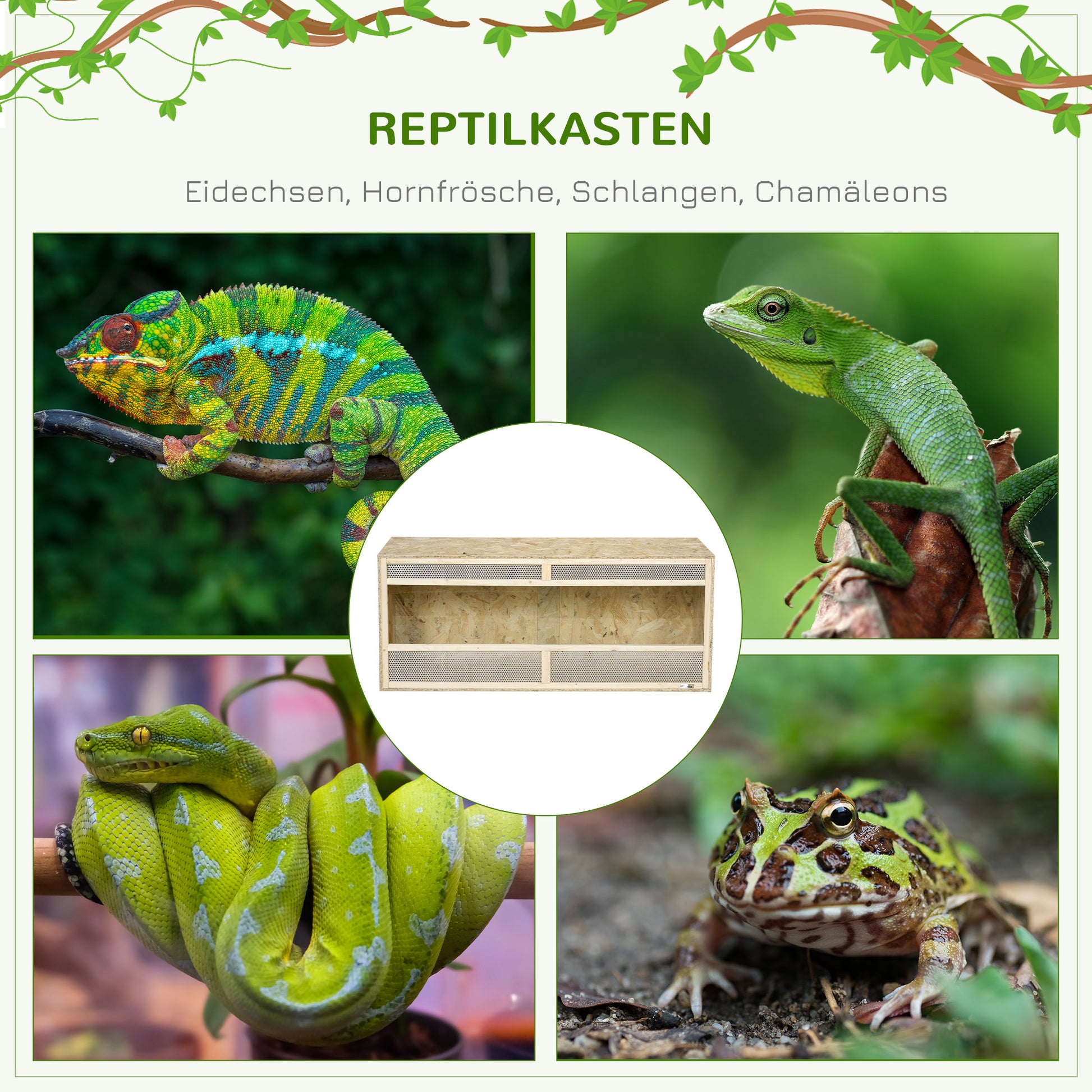 Terrarium for Reptiles, Reptile Feeding Box with Ventilation Grid, Sliding Glass Doors, Reptile Breeding Box for Amphibians, Spider, Natural, 120 x 50 x 50 cm