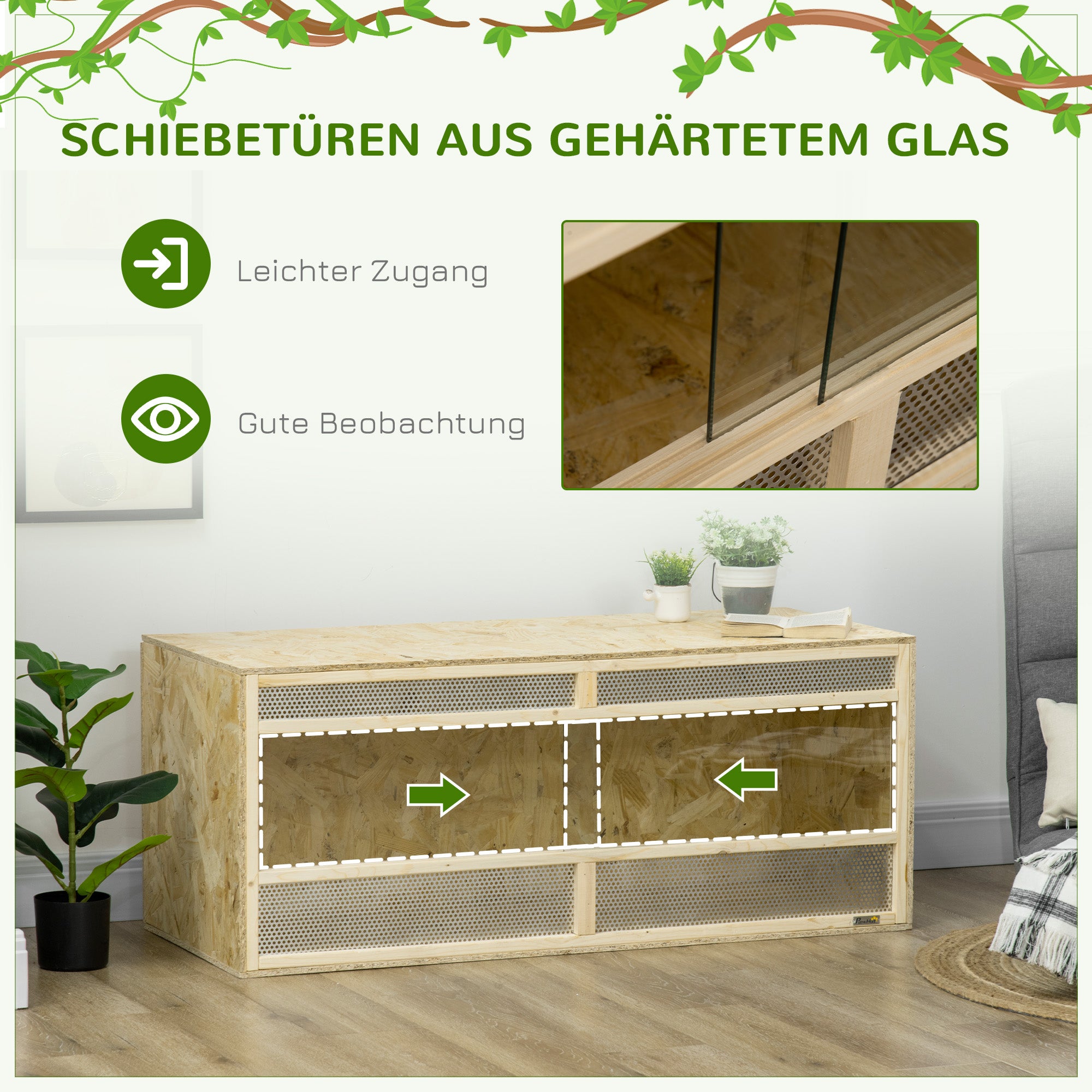Terrarium for Reptiles, Reptile Feeding Box with Ventilation Grid, Sliding Glass Doors, Reptile Breeding Box for Amphibians, Spider, Natural, 120 x 50 x 50 cm