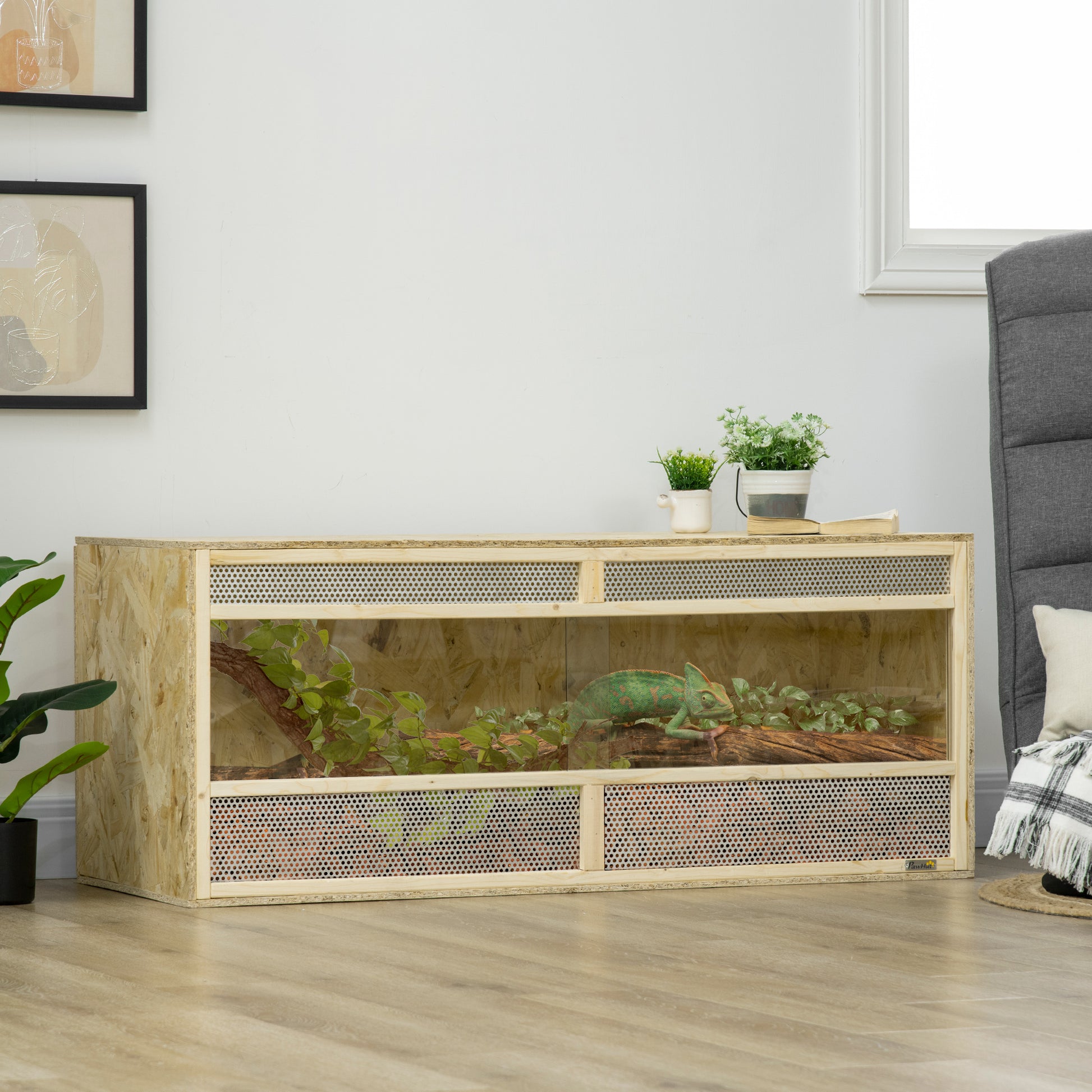 Terrarium for Reptiles, Reptile Feeding Box with Ventilation Grid, Sliding Glass Doors, Reptile Breeding Box for Amphibians, Spider, Natural, 120 x 50 x 50 cm