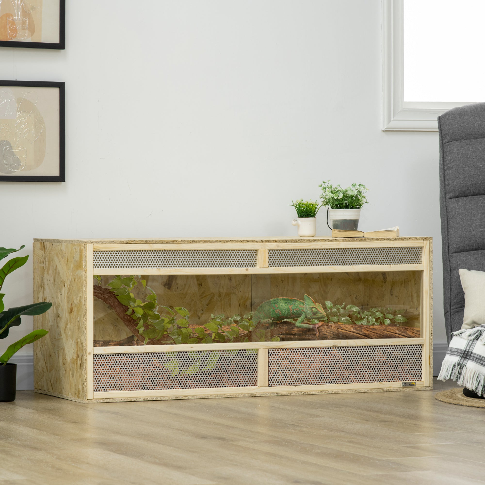Terrarium for Reptiles, Reptile Feeding Box with Ventilation Grid, Sliding Glass Doors, Reptile Breeding Box for Amphibians, Spider, Natural, 120 x 50 x 50 cm