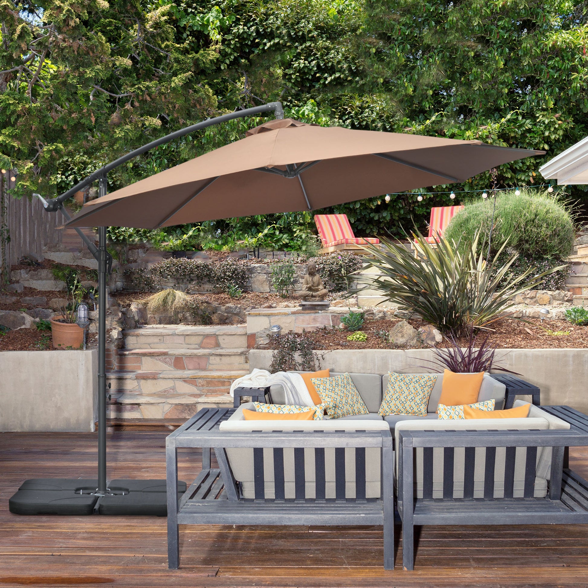 Off-Center Umbrella Ø3x2.5 m with Cross Base, Weights, and Crank, Metal and Polyester Patio Umbrella 180 g/m² with 6 Ribs, UV Protection, Coffee Color