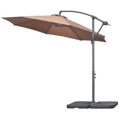 Off-Center Umbrella Ø3x2.5 m with Cross Base, Weights, and Crank, Metal and Polyester Patio Umbrella 180 g/m² with 6 Ribs, UV Protection, Coffee Color