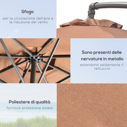 Off-Center Umbrella Ø3x2.5 m with Cross Base, Weights, and Crank, Metal and Polyester Patio Umbrella 180 g/m² with 6 Ribs, UV Protection, Coffee Color