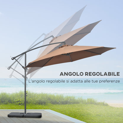 Off-Center Umbrella Ø3x2.5 m with Cross Base, Weights, and Crank, Metal and Polyester Patio Umbrella 180 g/m² with 6 Ribs, UV Protection, Coffee Color