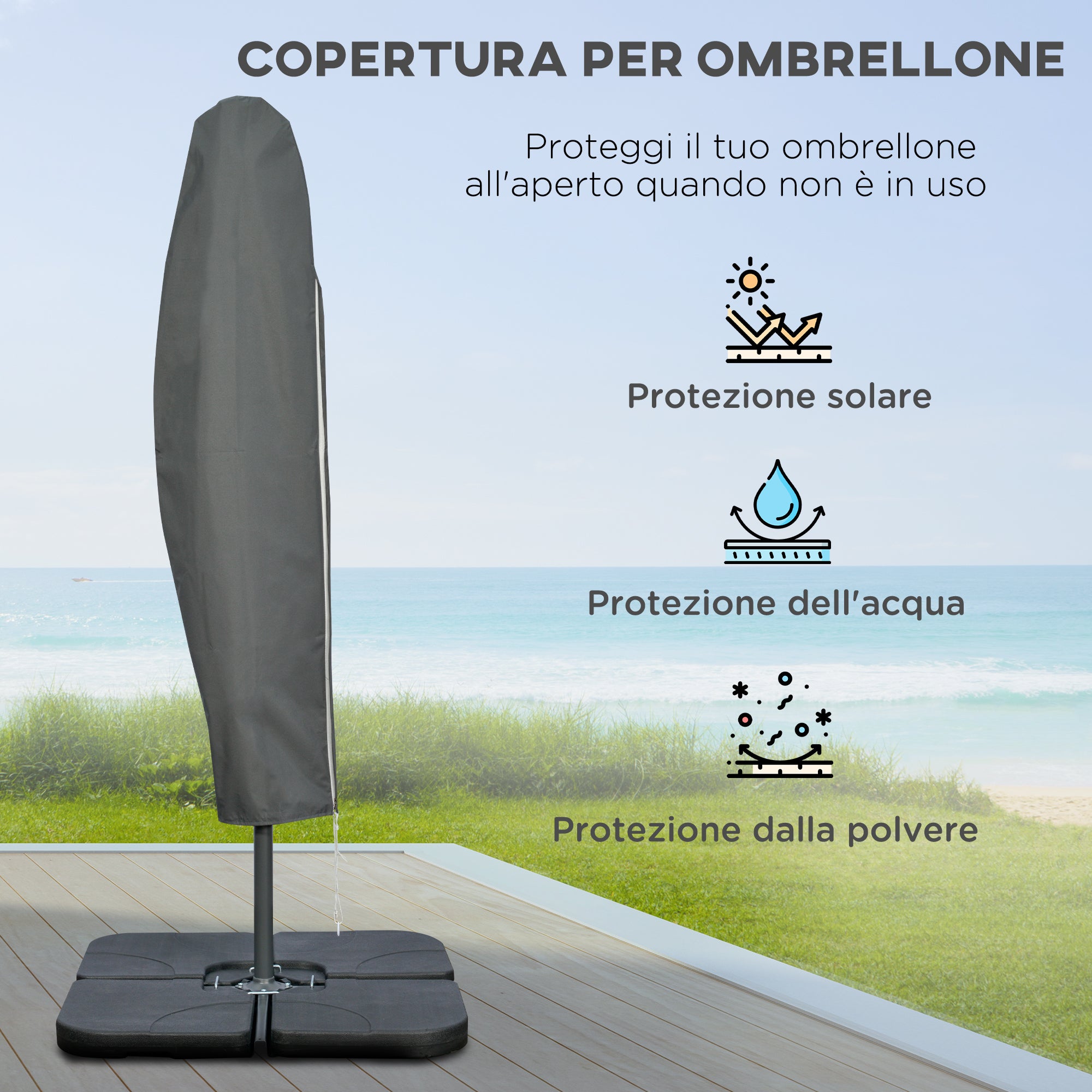 Off-Center Umbrella Ø3x2.5 m with Cross Base, Weights, and Crank, Metal and Polyester Patio Umbrella 180 g/m² with 6 Ribs, UV Protection, Coffee Color