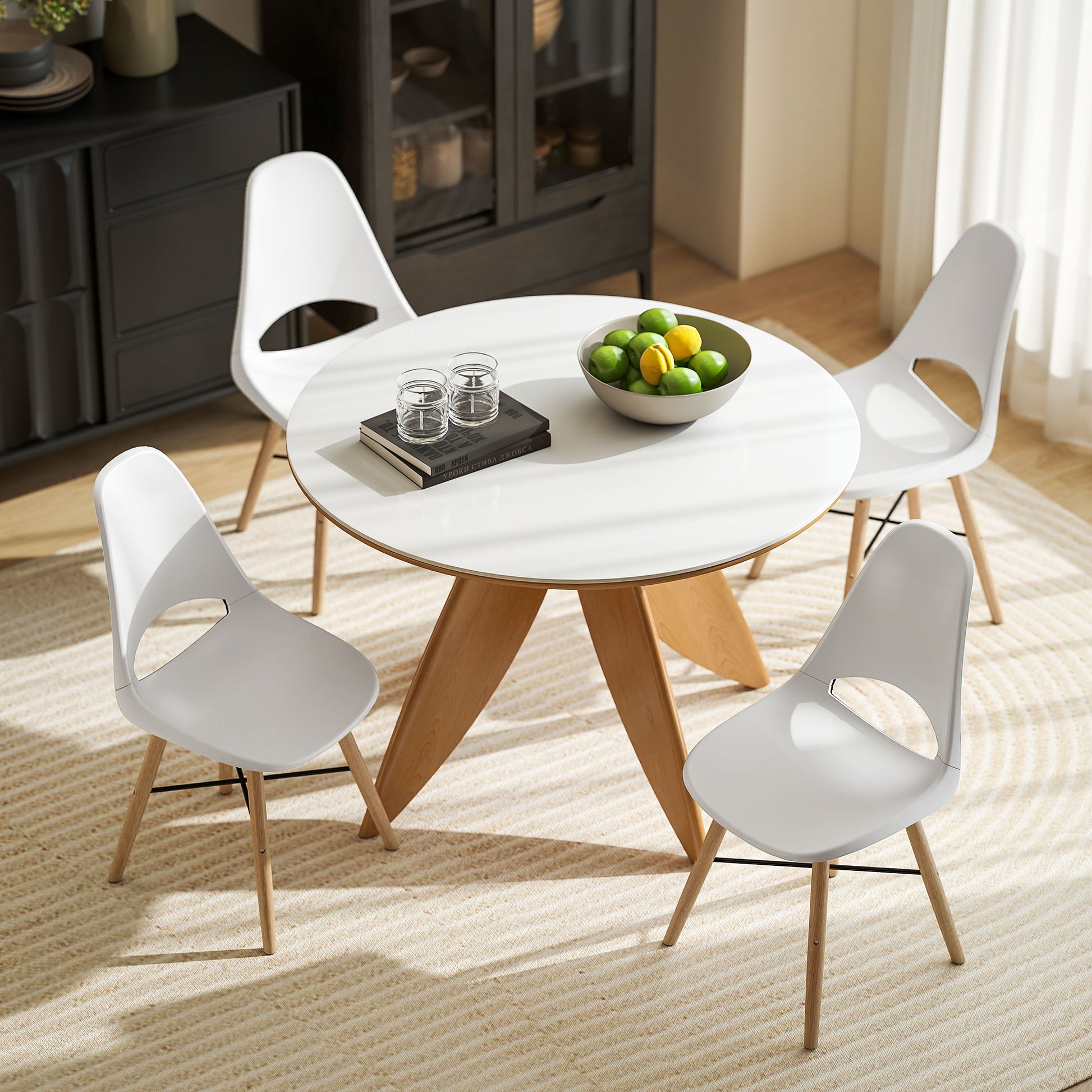 Set of 2 Dining Room Chairs, Modern Kitchen Chairs with Cutout Backrest Design and Rubber Wood Legs, Plastic Chair for Kitchen, Bedroom, Office and Living Room, White