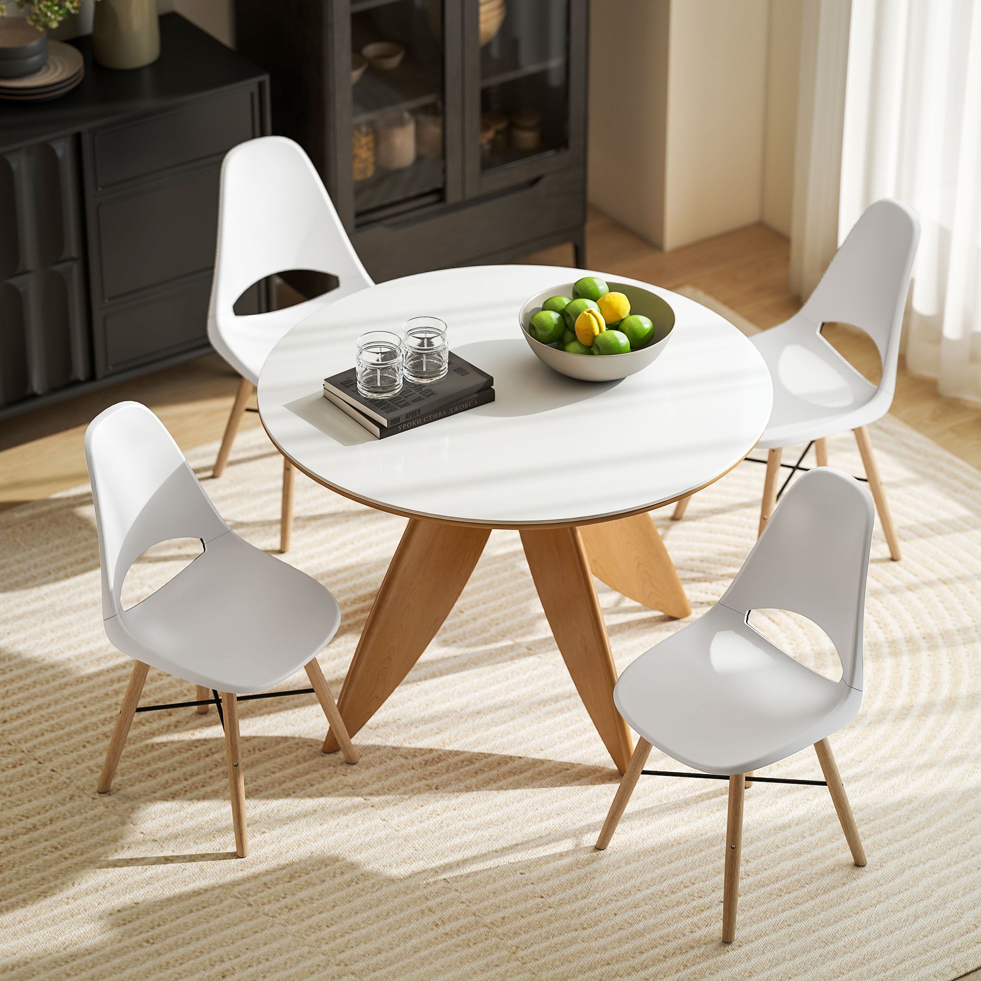 Set of 2 Dining Room Chairs, Modern Kitchen Chairs with Cutout Backrest Design and Rubber Wood Legs, Plastic Chair for Kitchen, Bedroom, Office and Living Room, White