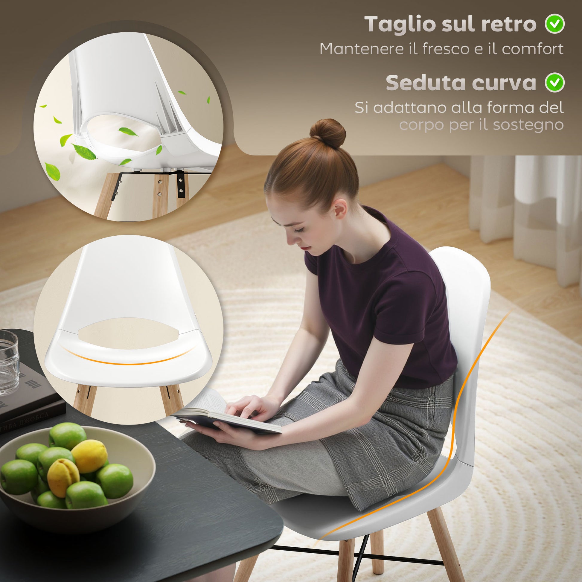 Set of 2 Dining Room Chairs, Modern Kitchen Chairs with Cutout Backrest Design and Rubber Wood Legs, Plastic Chair for Kitchen, Bedroom, Office and Living Room, White