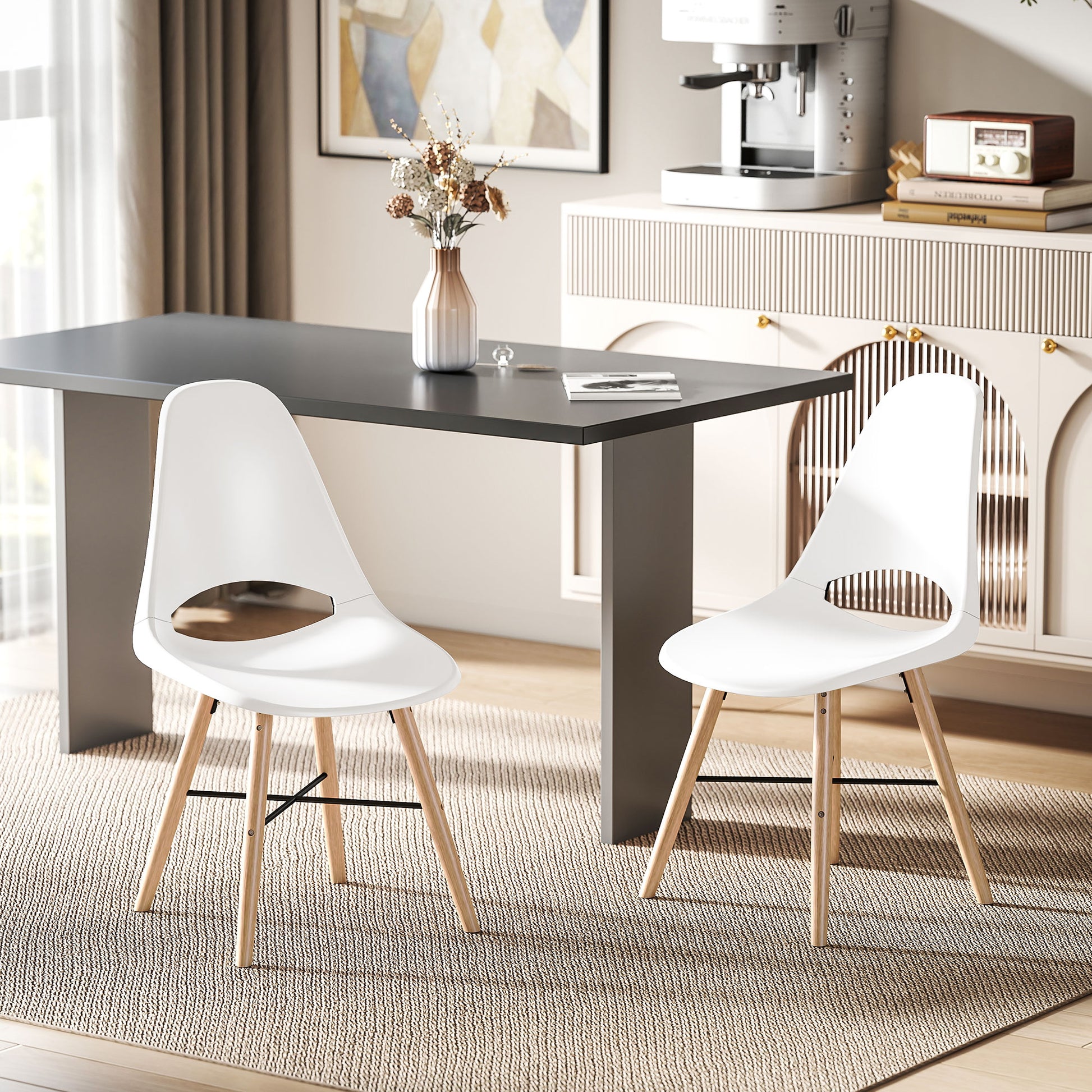 Set of 2 Dining Room Chairs, Modern Kitchen Chairs with Cutout Backrest Design and Rubber Wood Legs, Plastic Chair for Kitchen, Bedroom, Office and Living Room, White