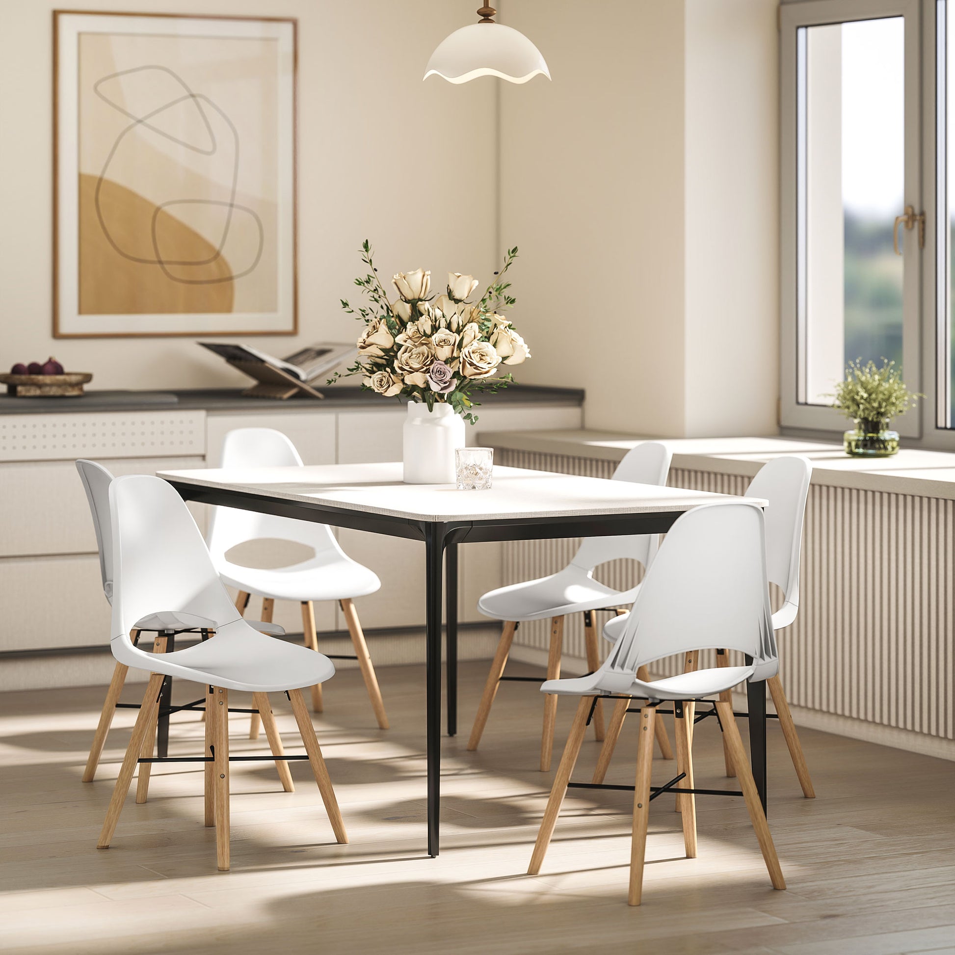 Set of 2 Dining Room Chairs, Modern Kitchen Chairs with Cutout Backrest Design and Rubber Wood Legs, Plastic Chair for Kitchen, Bedroom, Office and Living Room, White