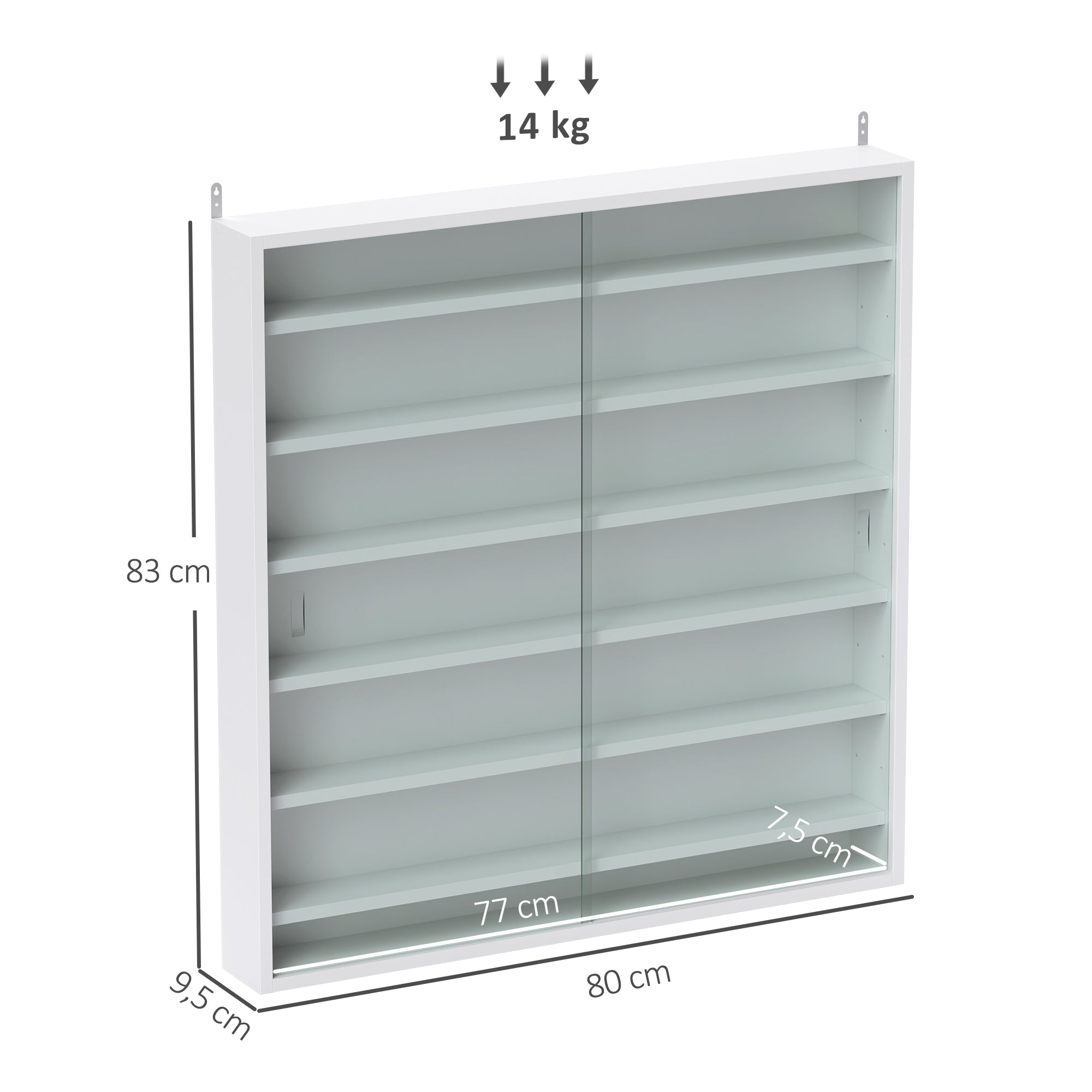 Wall Display Cabinet for Collectibles, 31.5 x 3.7 x 32.7 in, 6 Adjustable Shelves, 2 Glass Sliding Doors, White — For Figurines & Model Cars