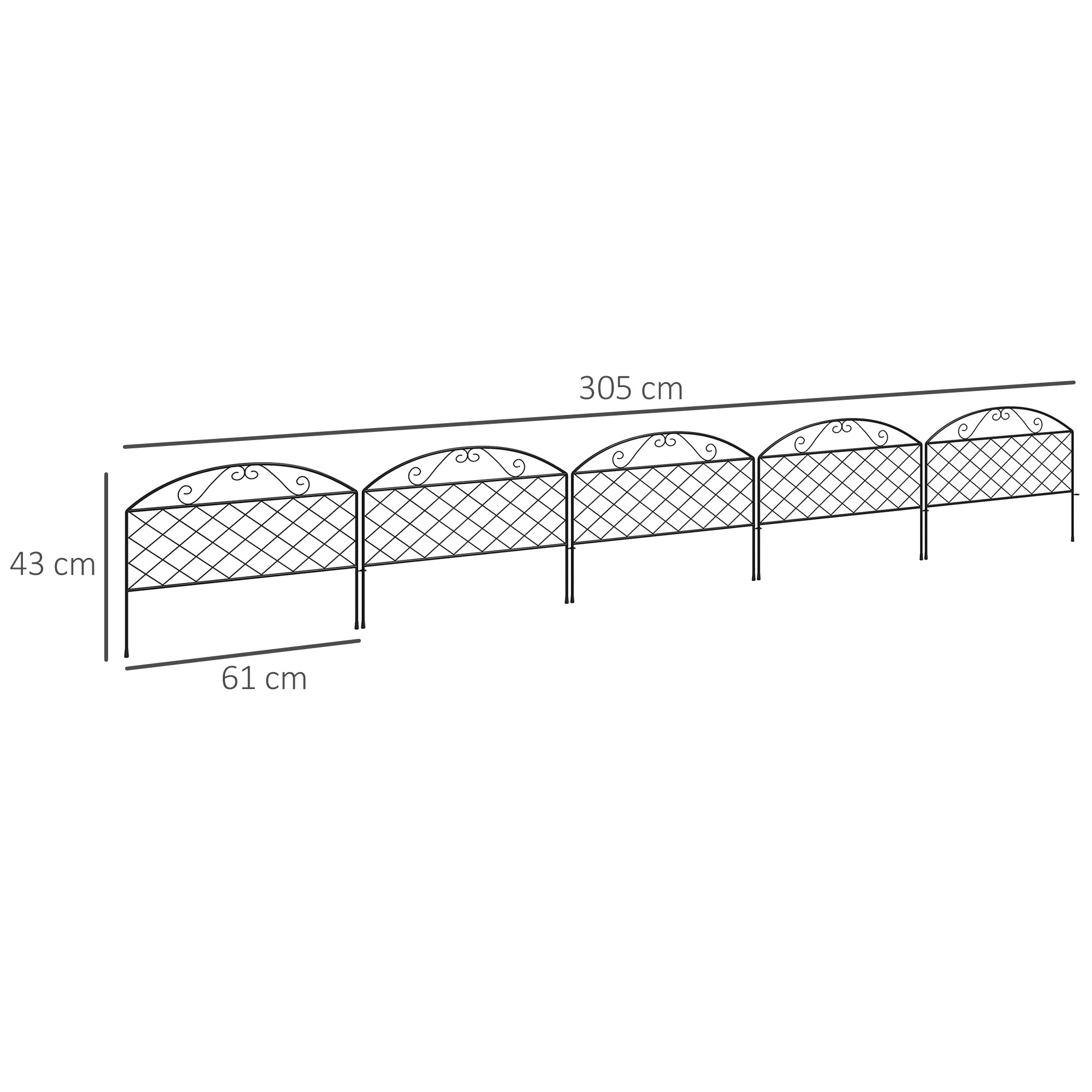 Set of 5 decorative metal garden fence panels, garden border, for flower bed - dim. 305 x 43 cm, black
