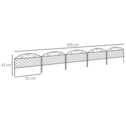 Set of 5 decorative metal garden fence panels, garden border, for flower bed - dim. 305 x 43 cm, black