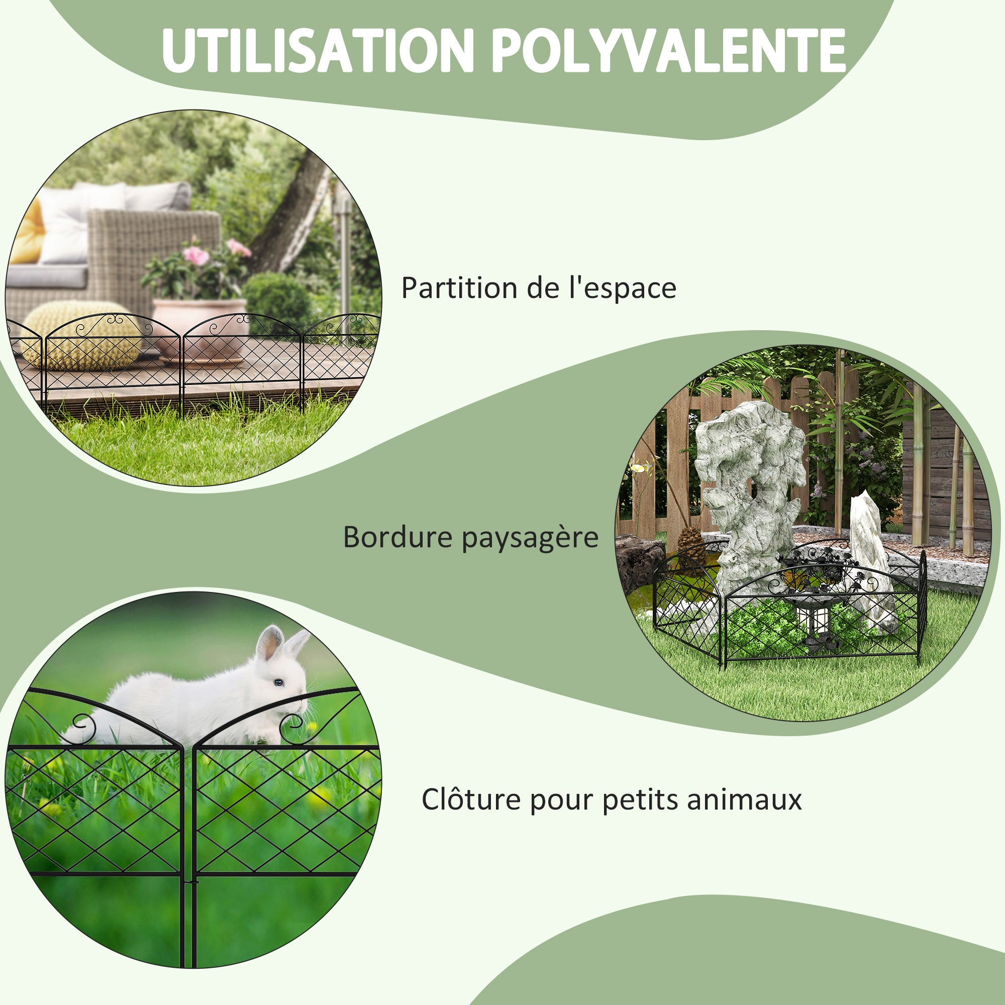 Set of 5 decorative metal garden fence panels, garden border, for flower bed - dim. 305 x 43 cm, black